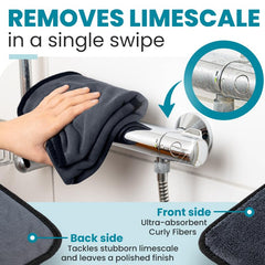 Shiny Bath towel wiping limescale from bathroom tile with visible improvement