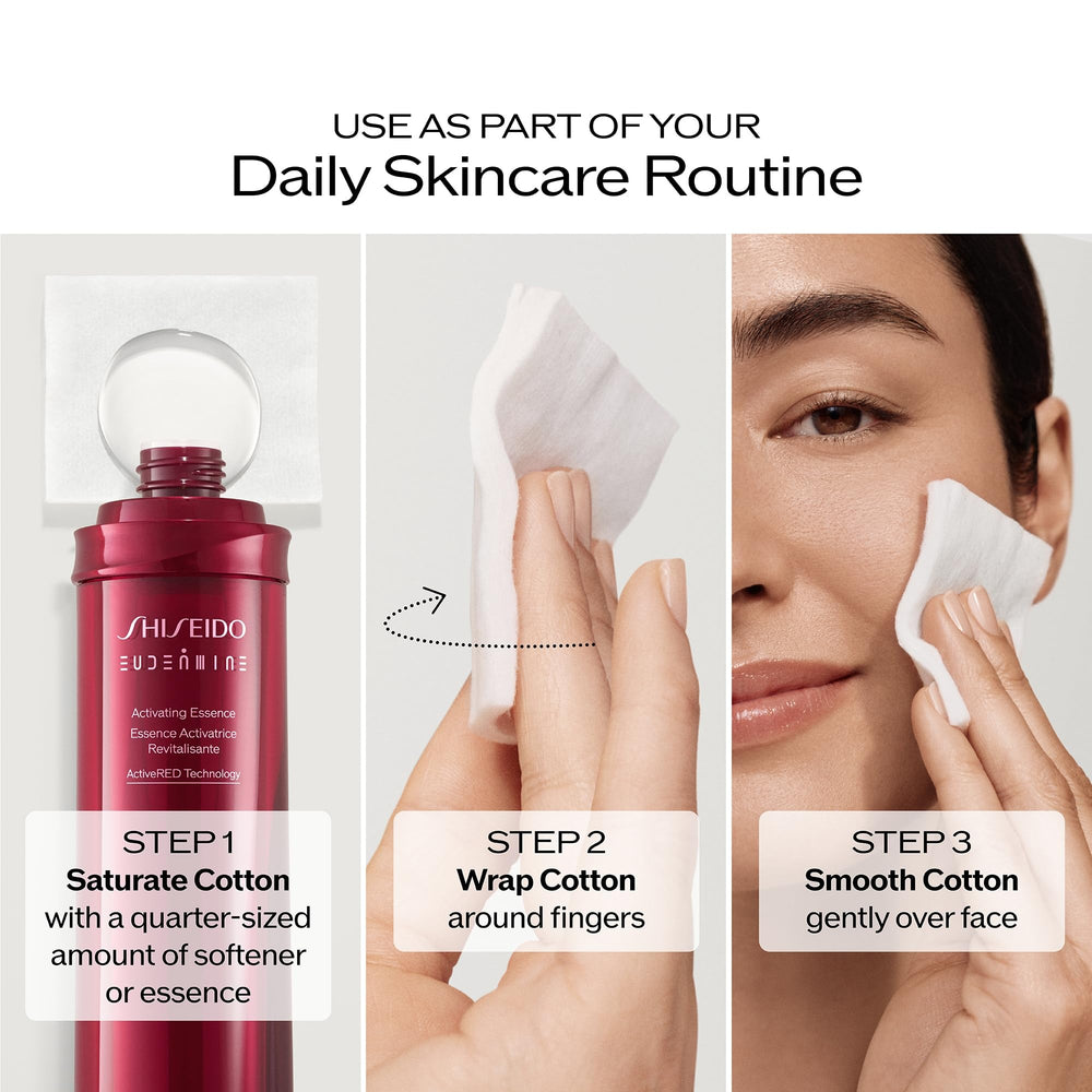 Shiseido cotton pads on bathroom vanity suggesting daily skincare routine