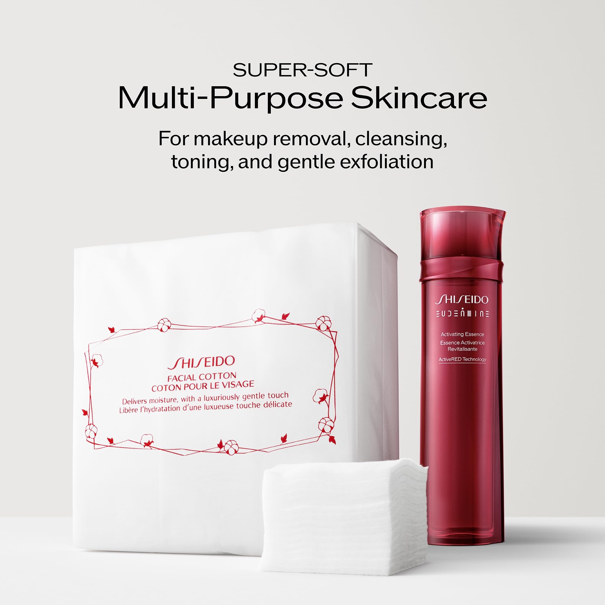 Shiseido cotton pad applying toner on cheek for even product delivery