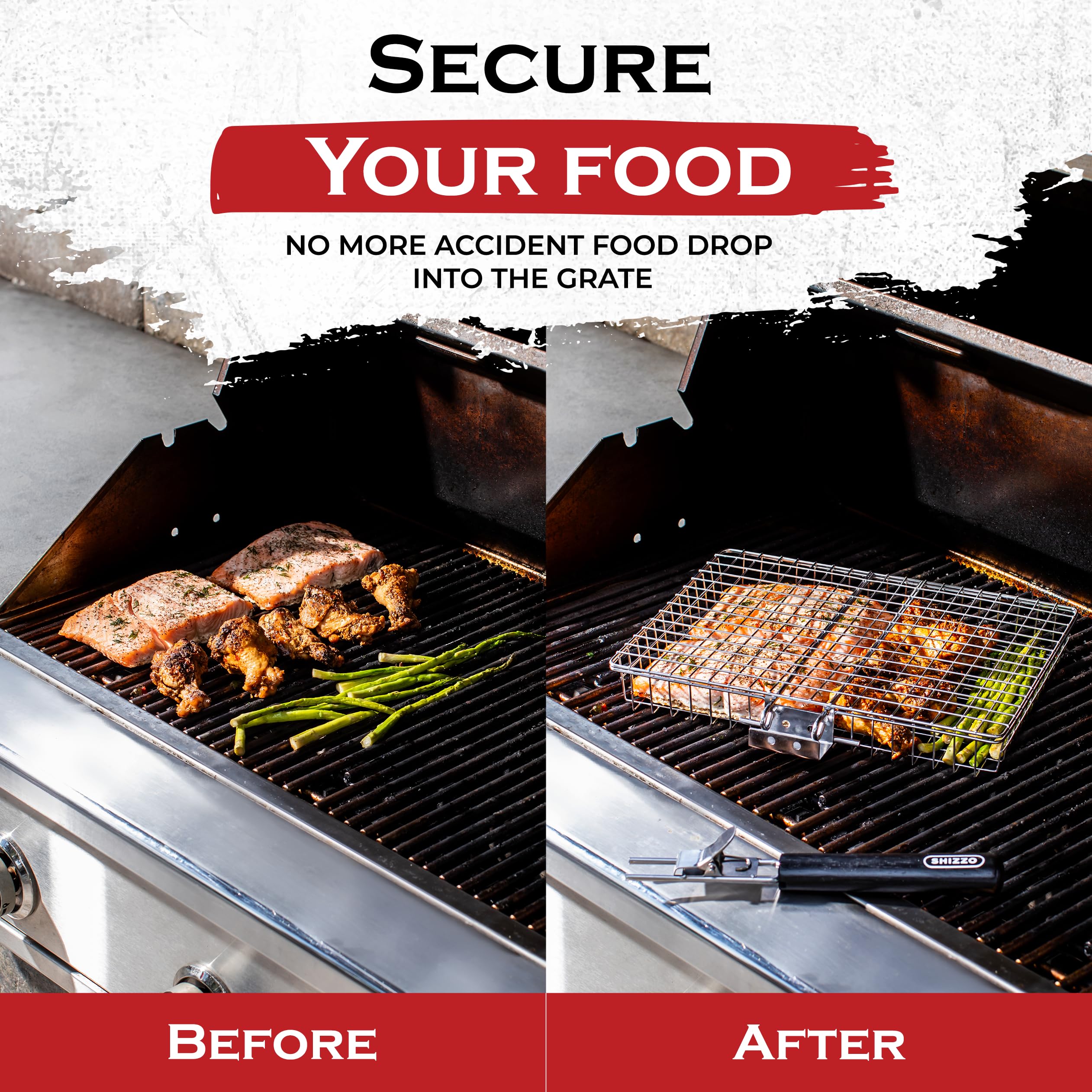 SHIZZO grill basket front view benefiting even batch grilling