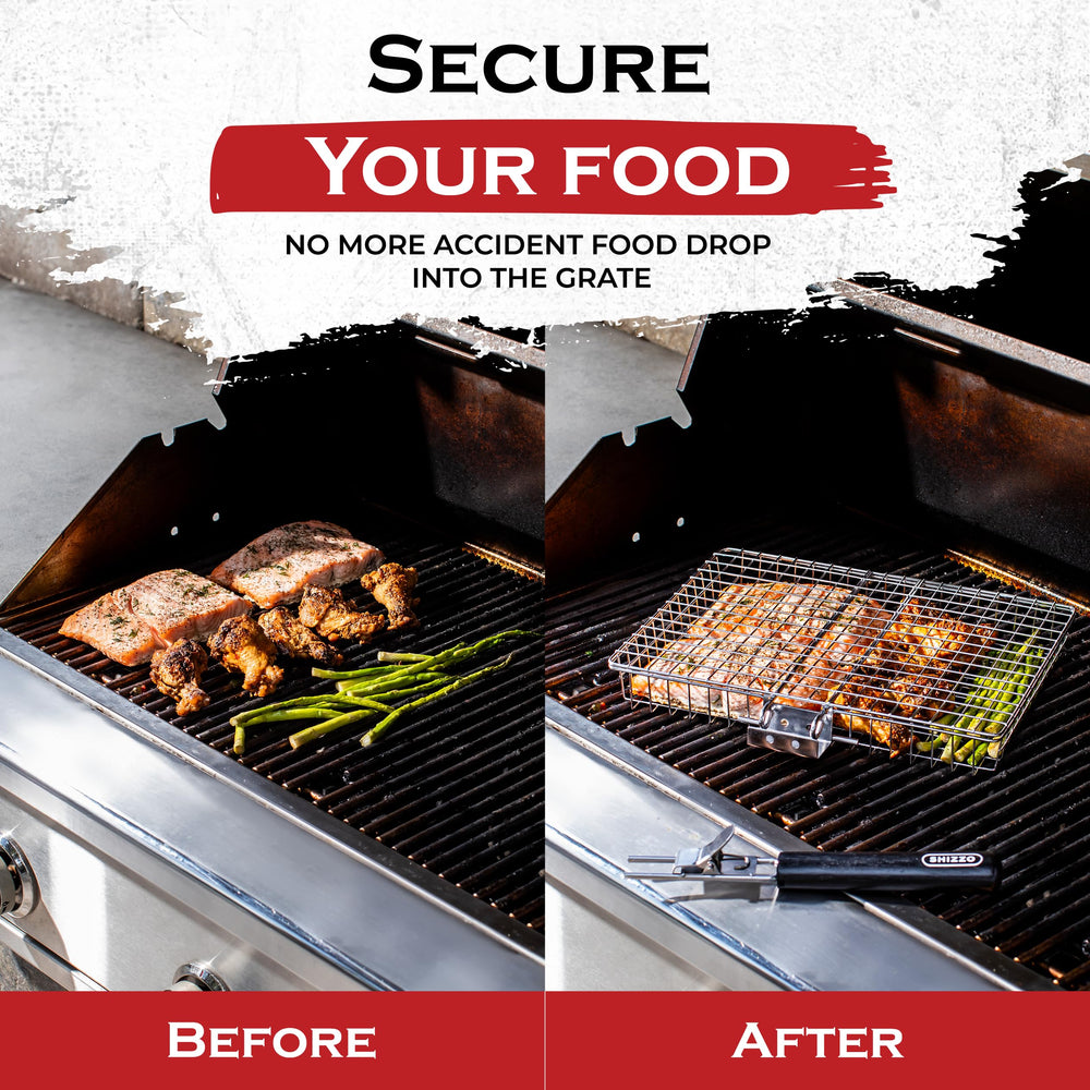 SHIZZO grill basket front view benefiting even batch grilling