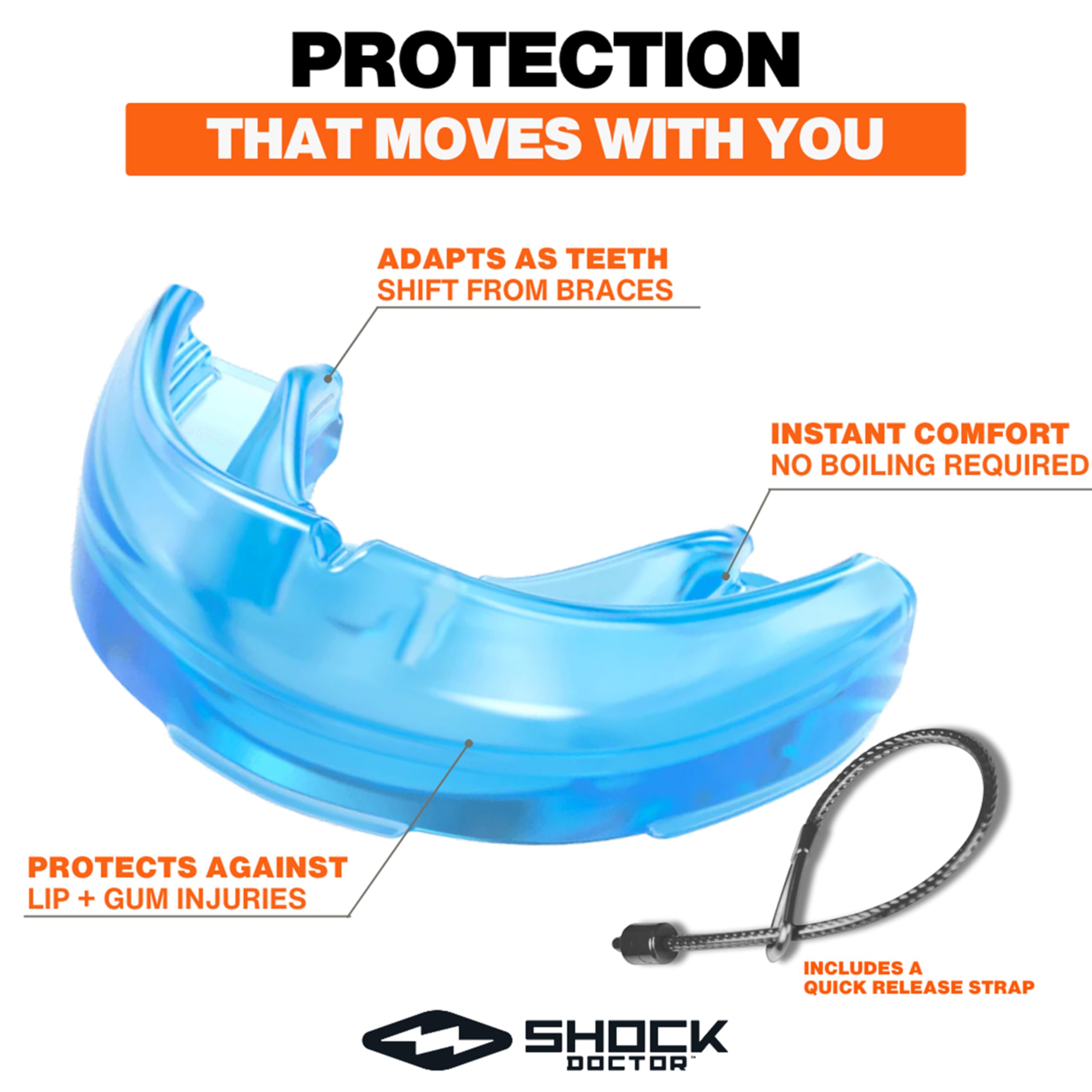 Shock Doctor in-mouth demo over braces showing secure fit and protection