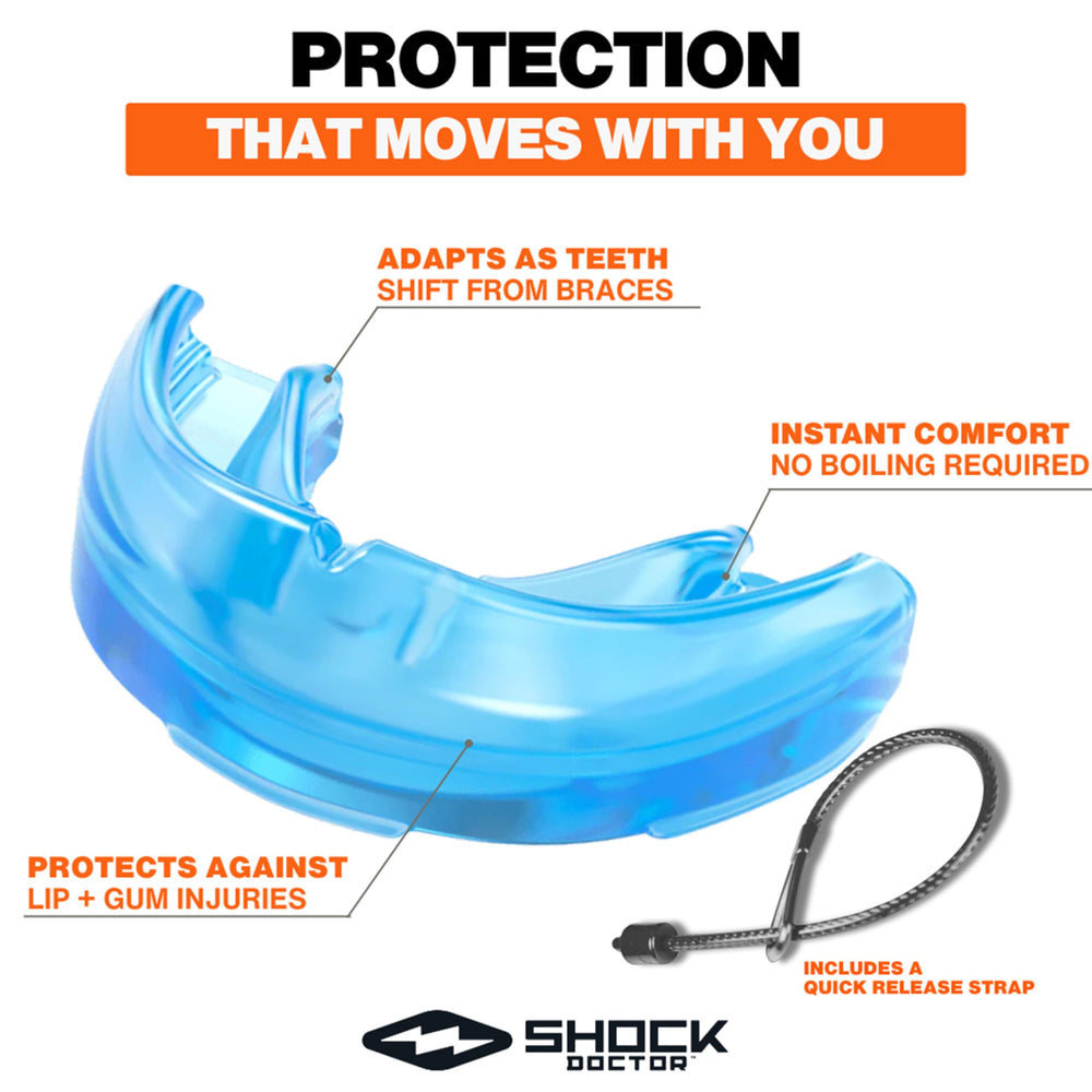 Shock Doctor in-mouth demo over braces showing secure fit and protection