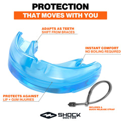 Shock Doctor in-mouth demo over braces showing secure fit and protection