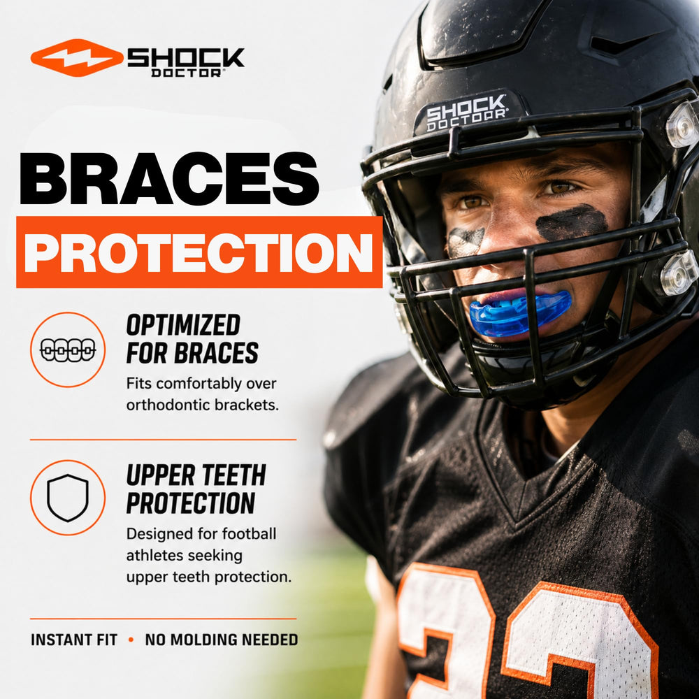 Shock Doctor athlete wearing blue guard on field demonstrating ready-to-play protection