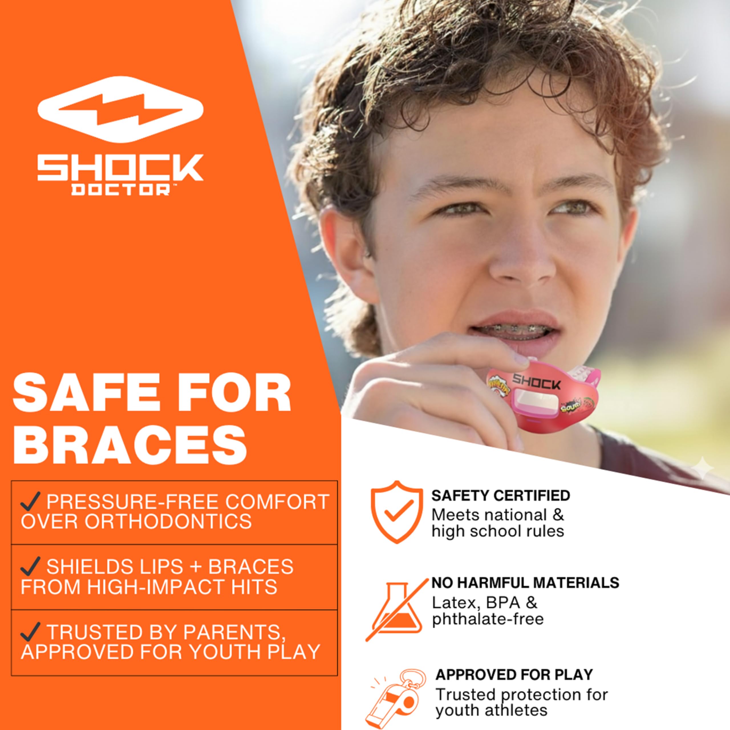 Shock Doctor mouthguard beside phone showing compact size benefit