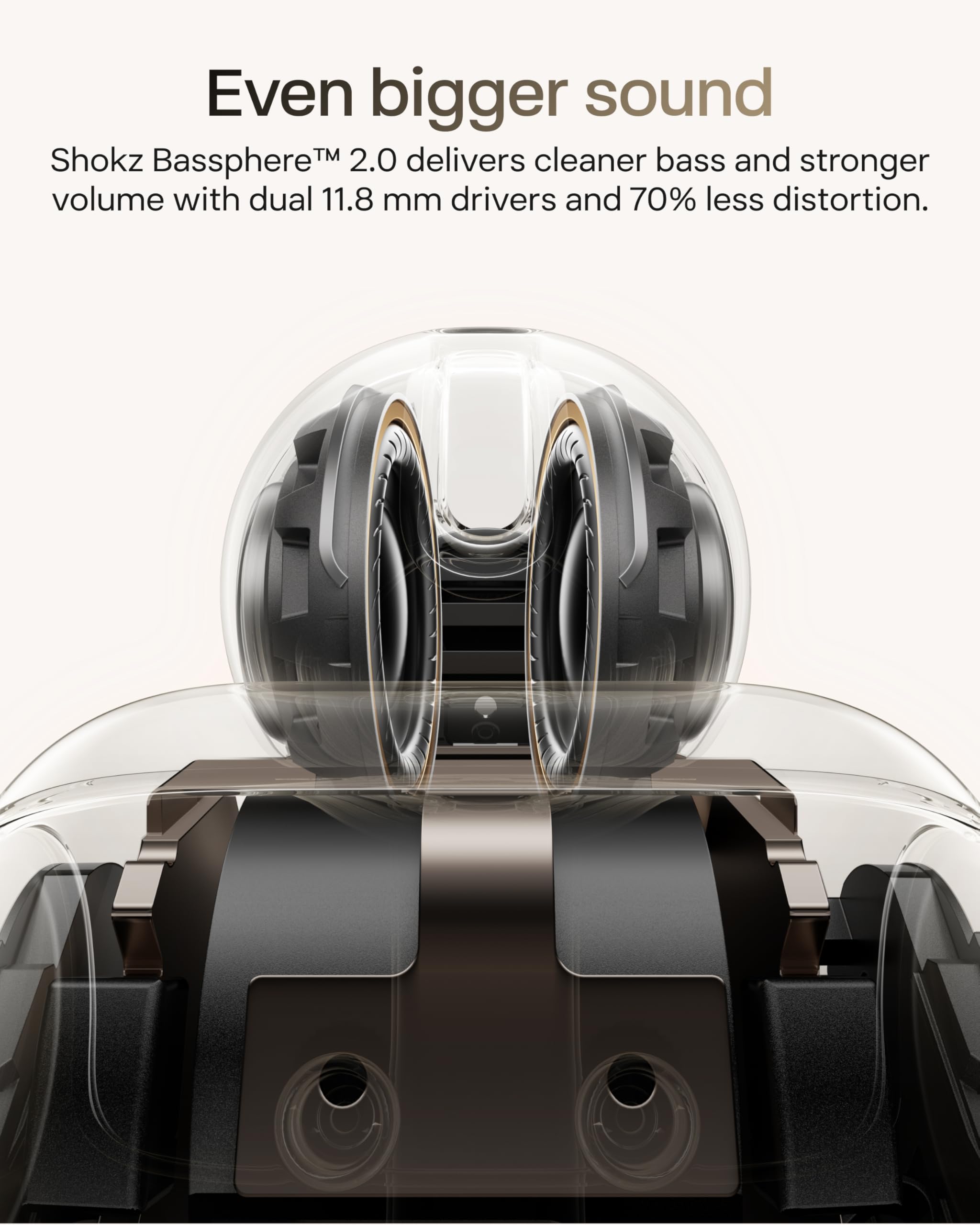 SHOKZ OpenDots 2 close-up of driver and diaphragm showing improved bass clarity