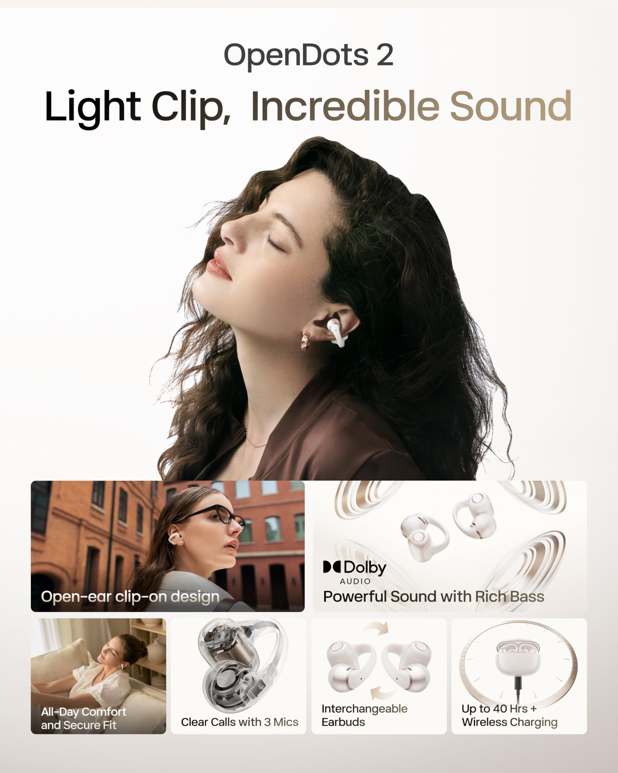 SHOKZ OpenDots 2 side profile highlighting flexible joint and stable clip benefit