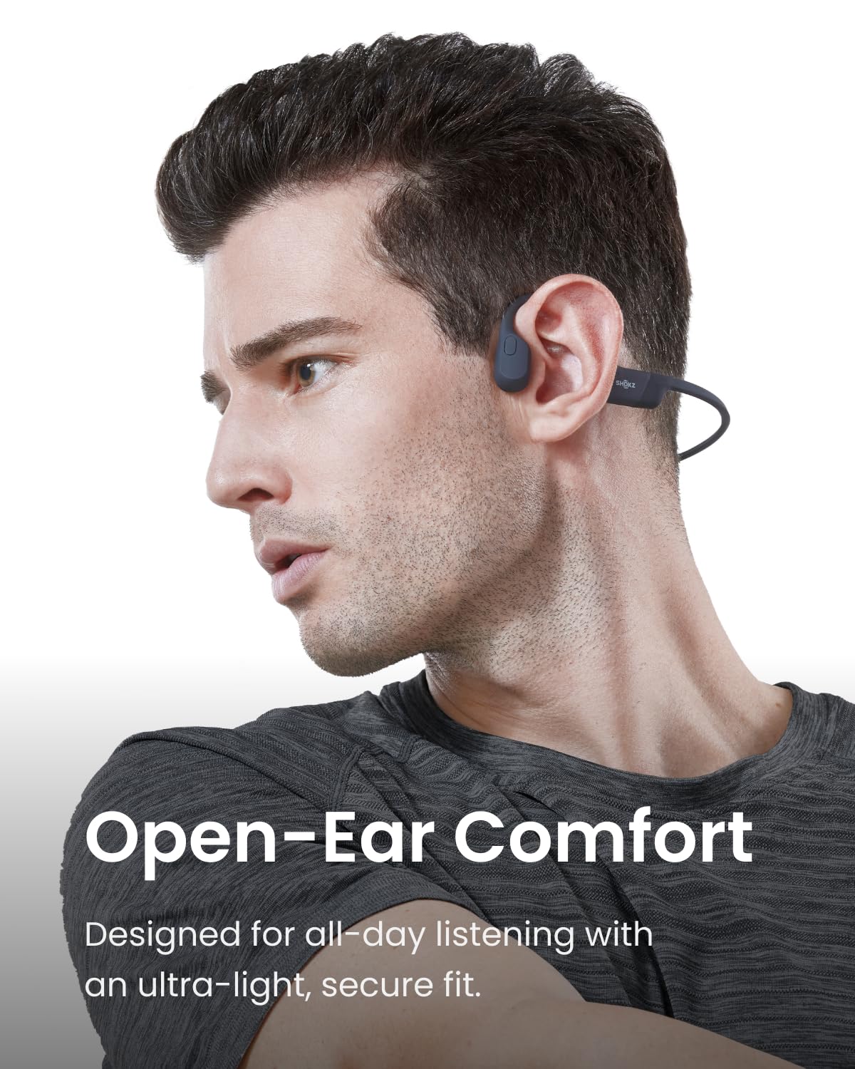 SHOKZ OpenRun side profile worn on head illustrating secure wraparound fit