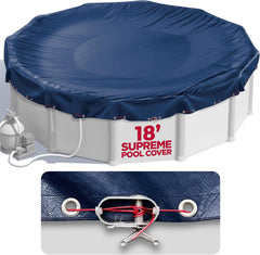 Shop Square front view of navy blue 18 ft round cover showing full pool protection