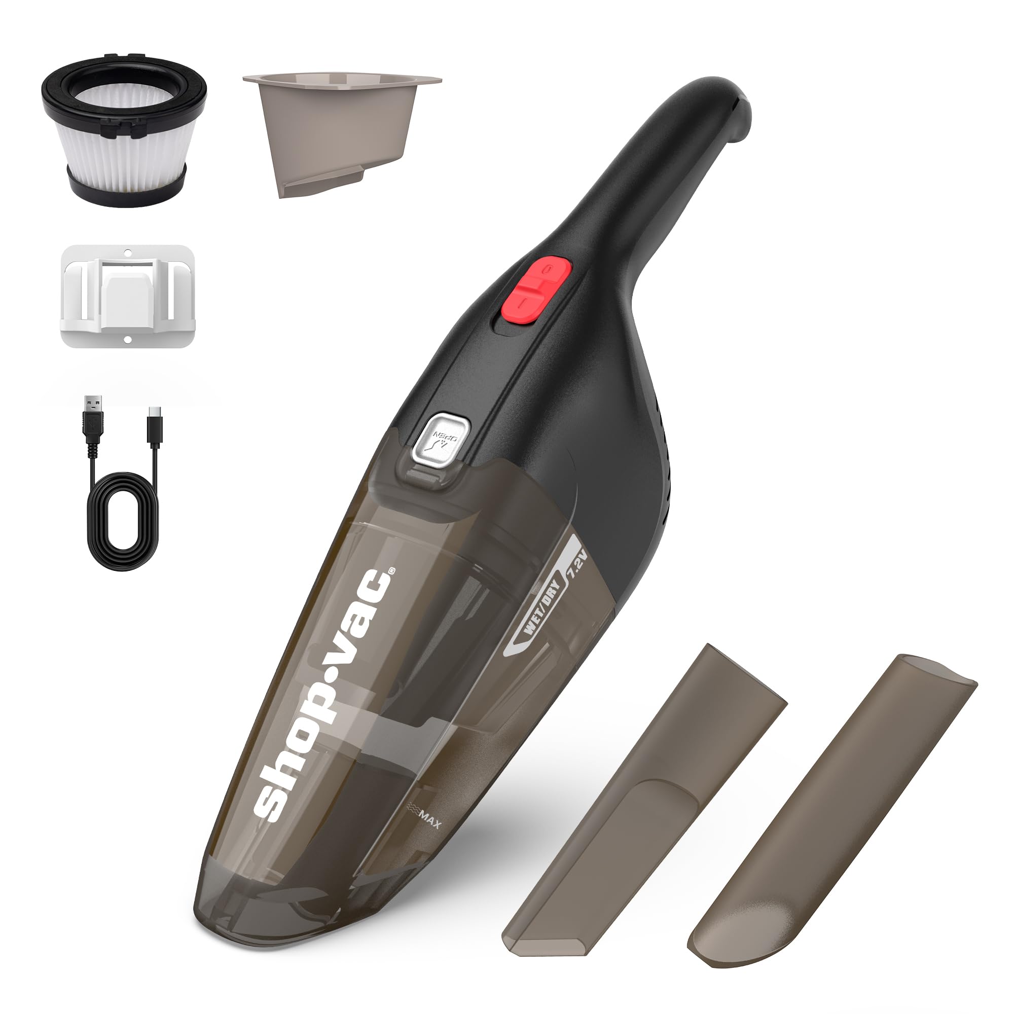 Shop-Vac handheld front view showing compact design and fast clean benefit