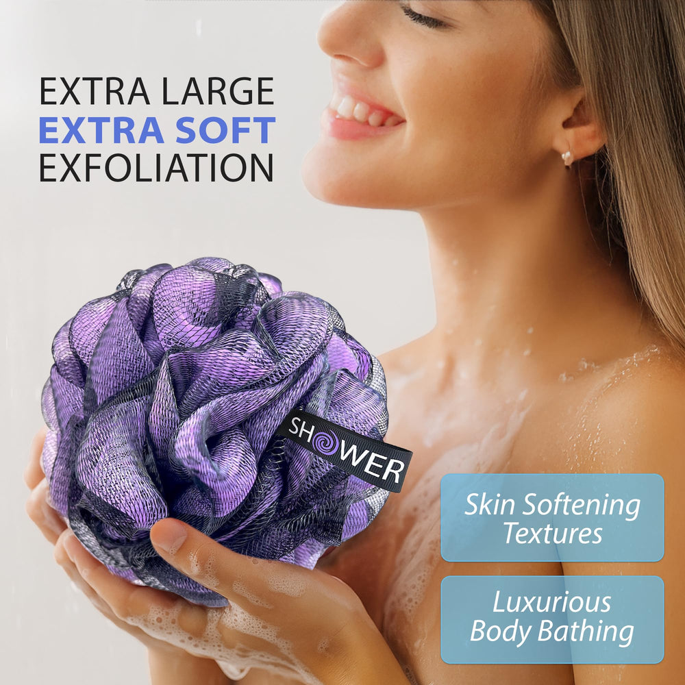 Shower Bouquet charcoal-infused mesh close-up highlights gentle exfoliation