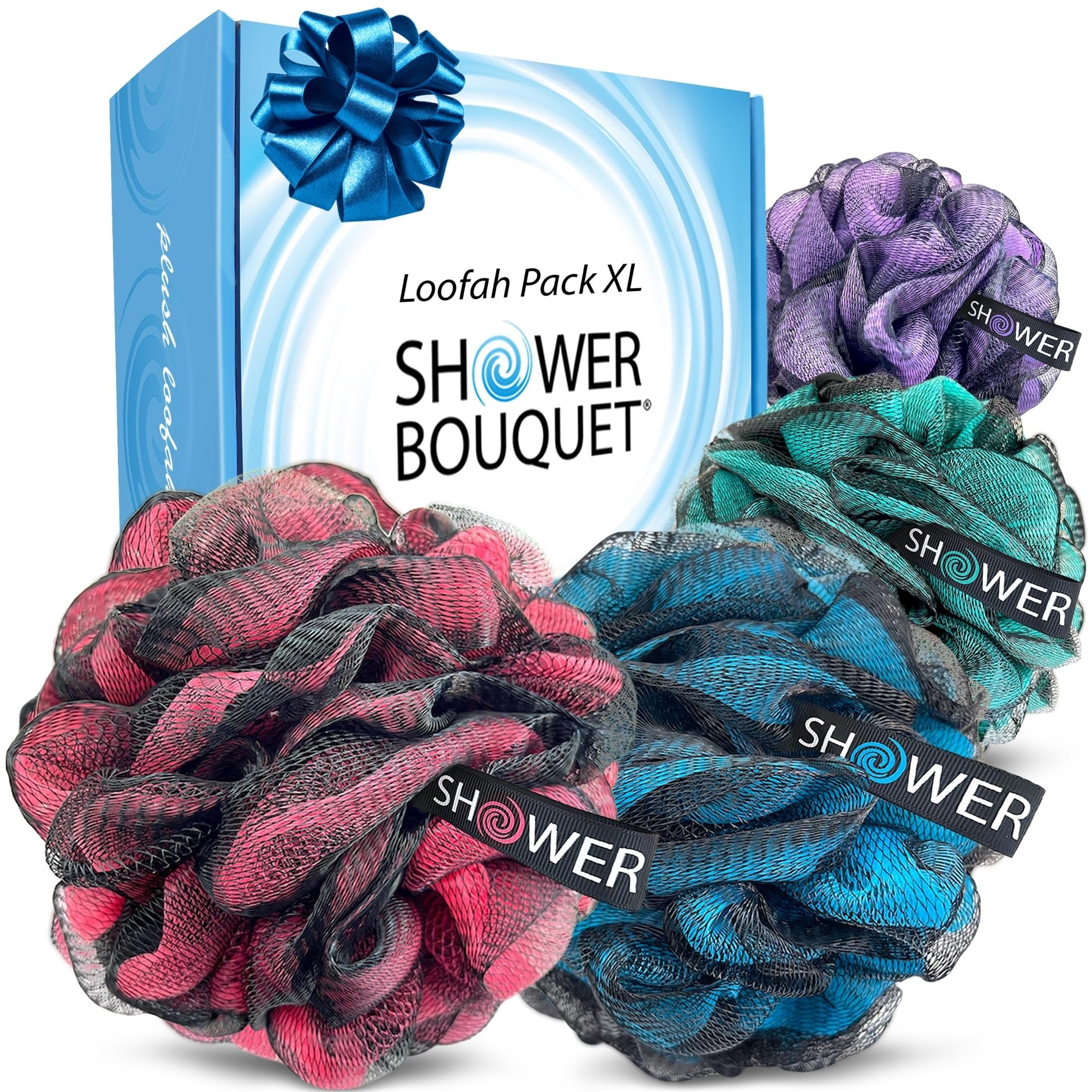 Shower Bouquet front packaging shows XL 75g poufs and value pack benefit