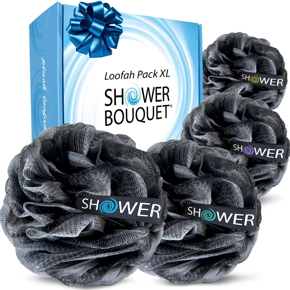 Shower Bouquet front packaging showing four charcoal loofahs and weight