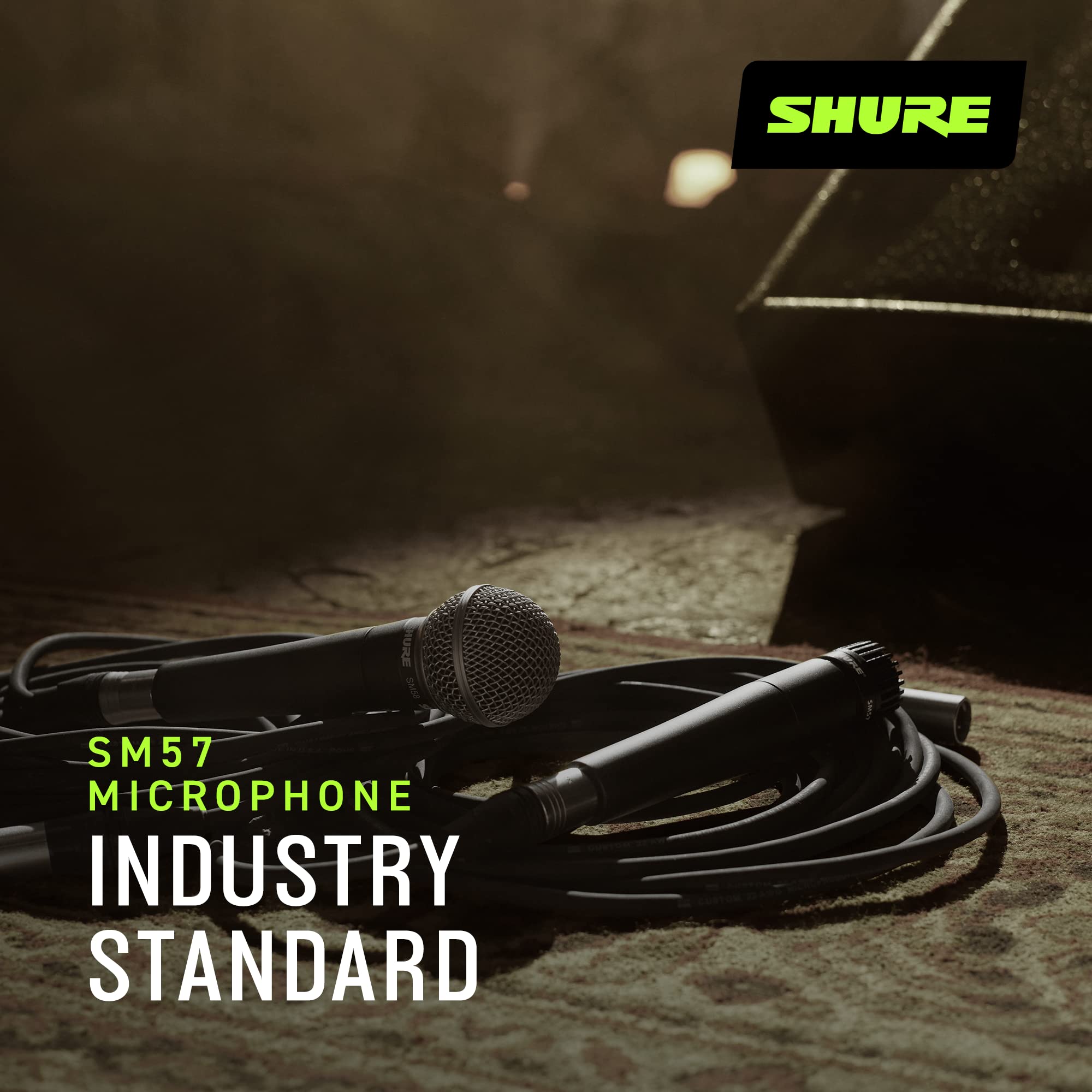 Shure SM57 Pro positioned near guitar amp capturing tight, focused amp tone