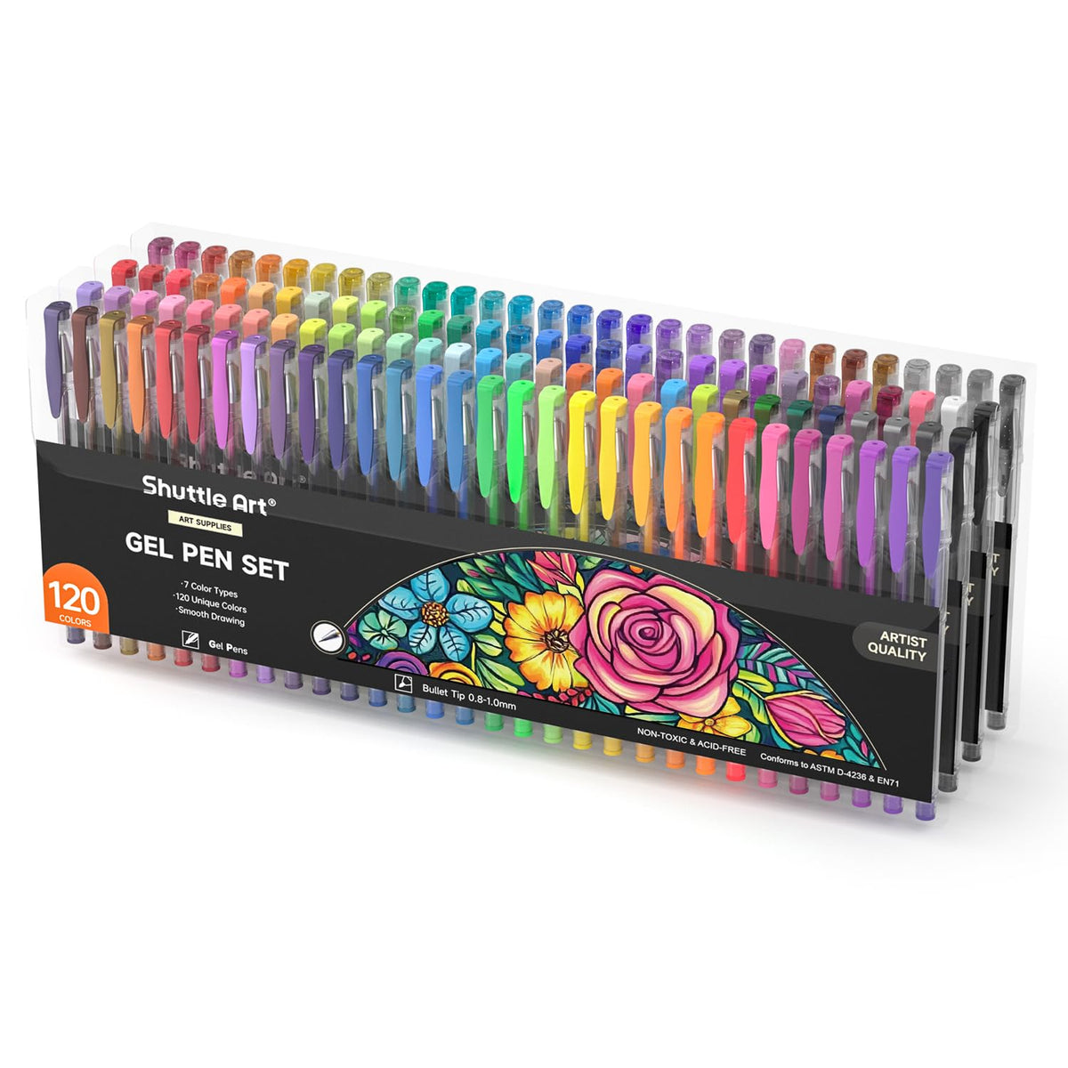Shuttle Art front packaging showing 120 unique gel pens and compact case for portability