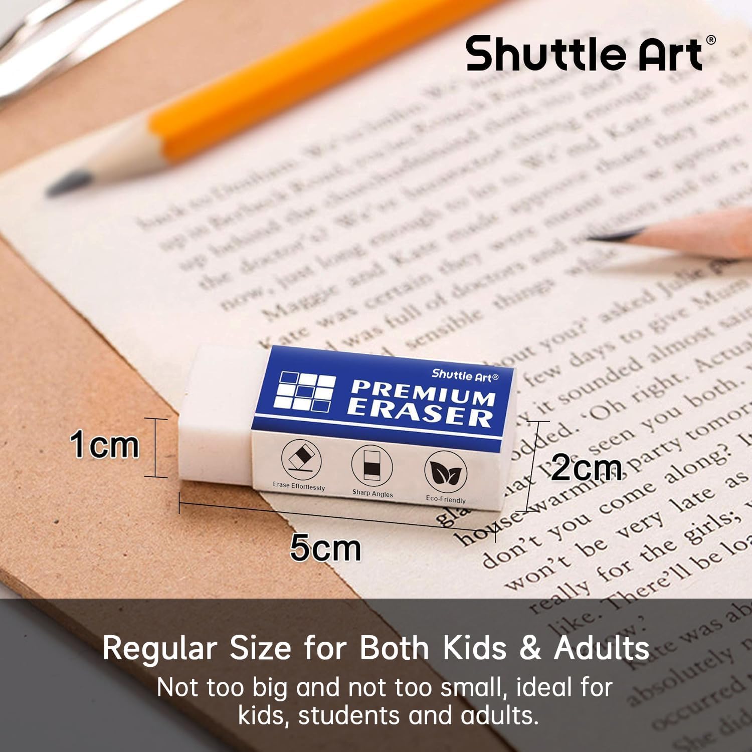 Classroom desk with Shuttle Art erasers ready for students showing supply convenience