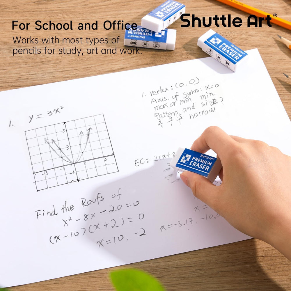 Hand holding Shuttle Art eraser illustrating durable, break-resistant benefit