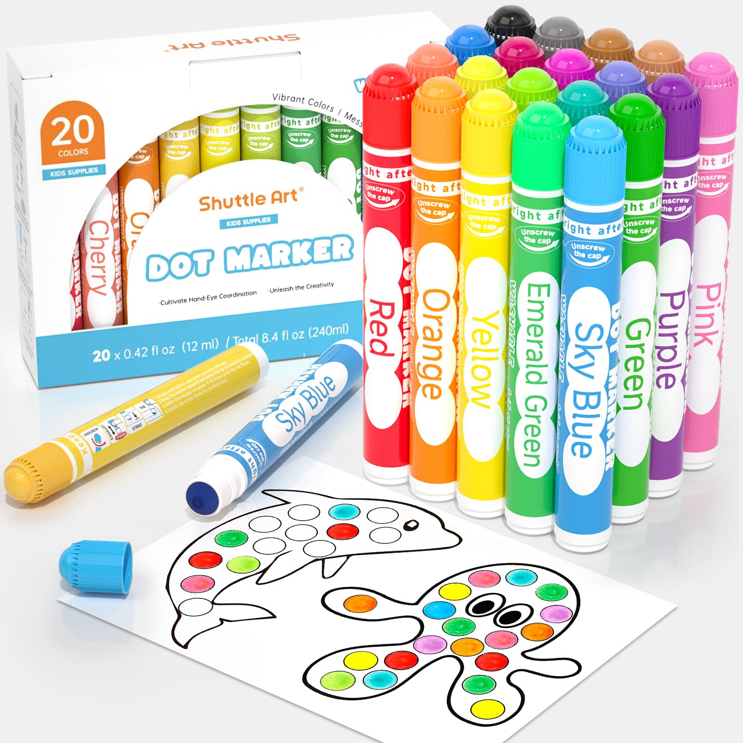 Shuttle Art front packaging showing 20 vibrant washable dot markers