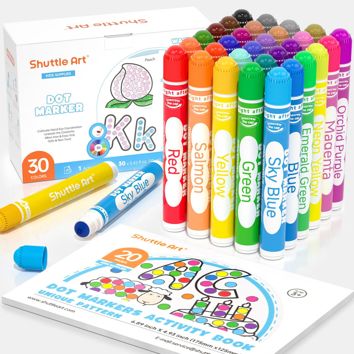 Shuttle Art front packaging showing 30 colorful dot markers and activity book benefit easy selection