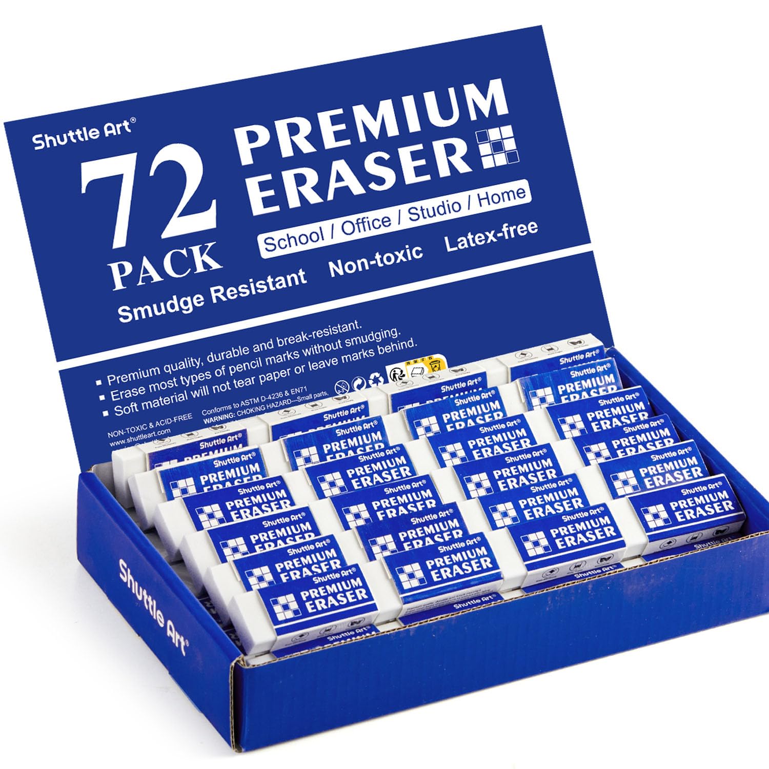 Shuttle Art front packaging of 72 erasers showing classroom bulk benefit