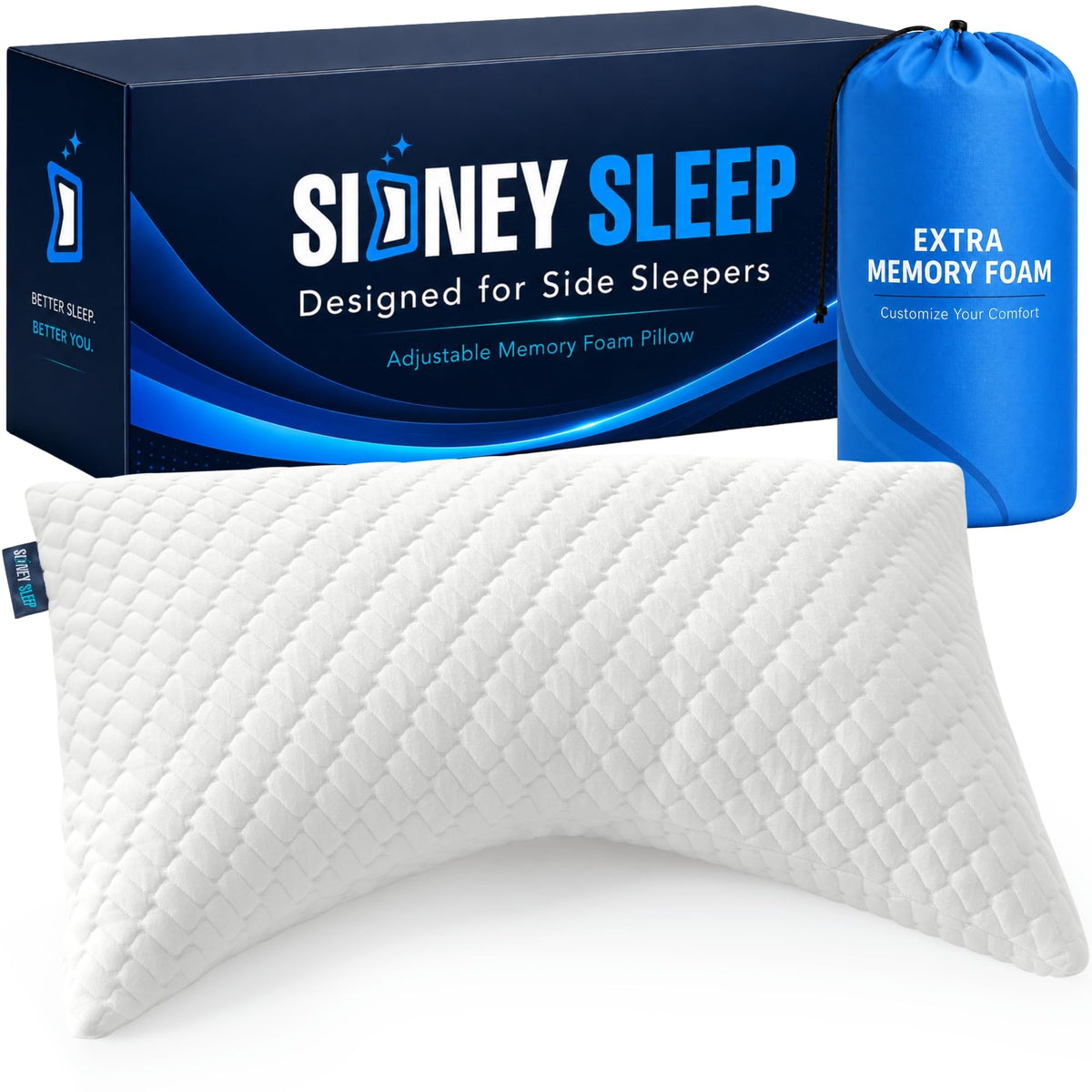 Sidney Sleep front view of queen pillow showing curved contour for better support