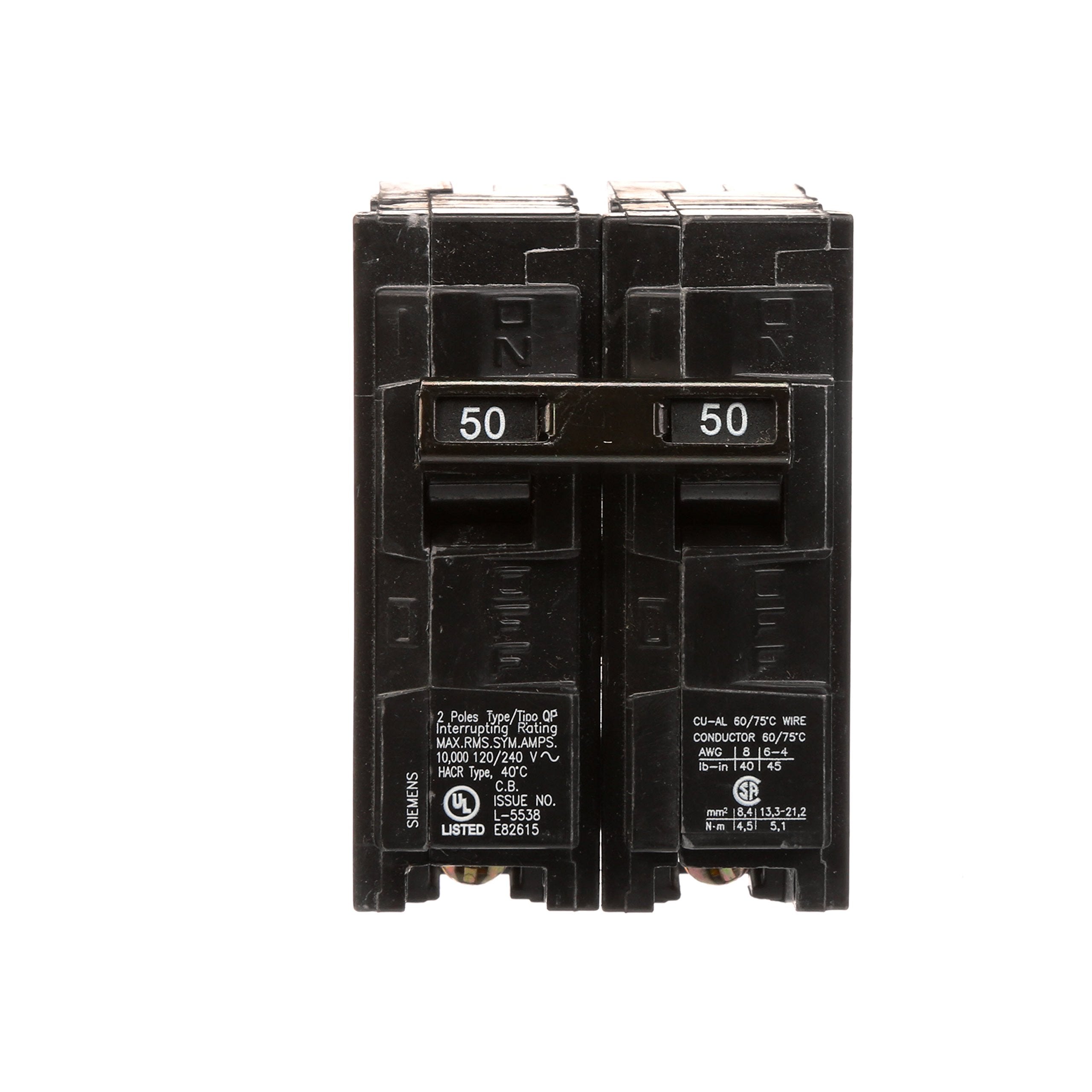 SIEMENS Q250 label close-up displaying amperage and ratings to confirm correct breaker selection