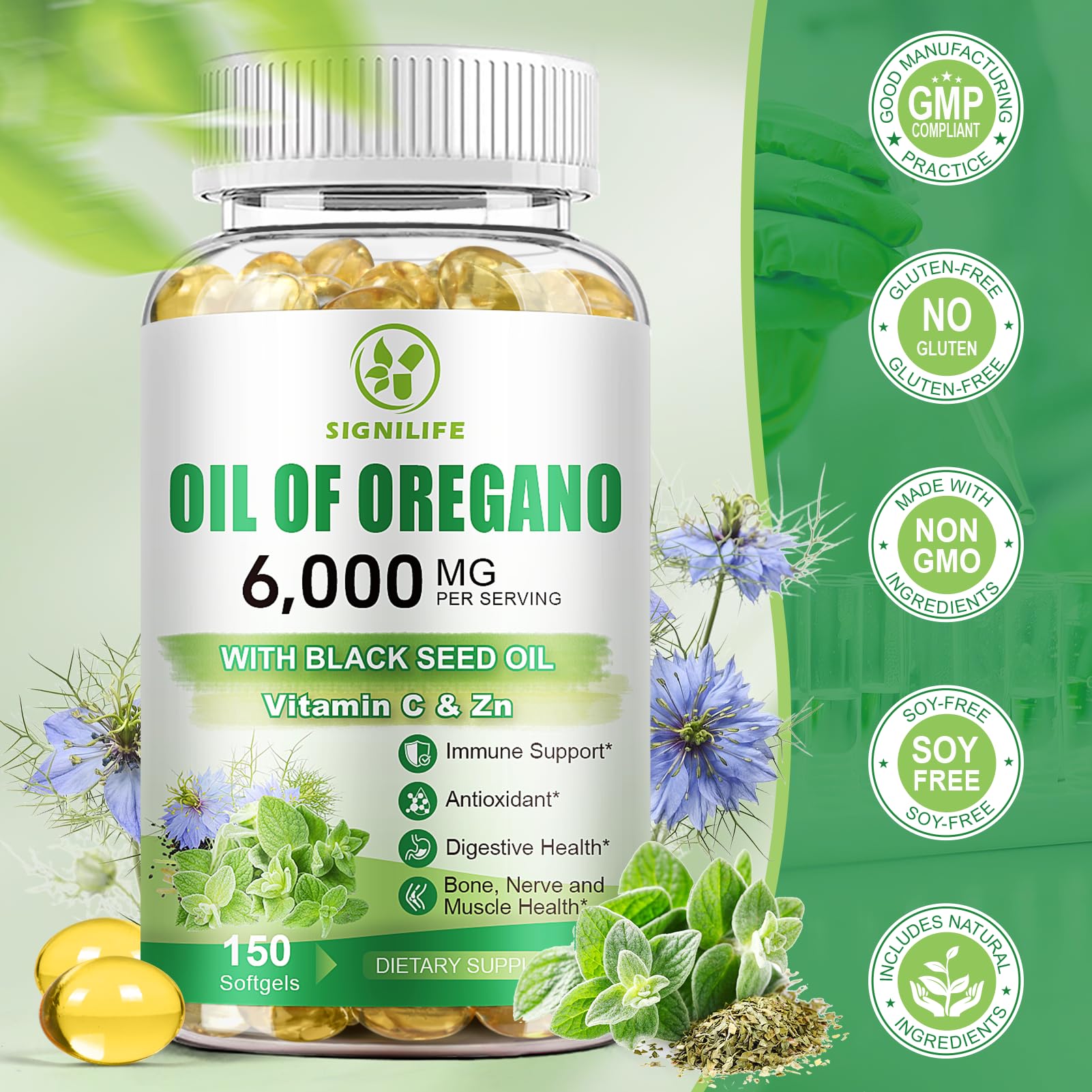 SIGNILIFE open bottle with softgels spread to show quantity