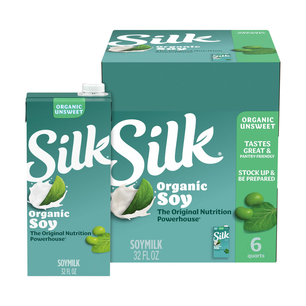 Silk front packaging showing 32 fl oz carton and label benefit pantry-ready