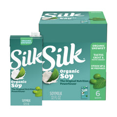 Silk front packaging showing 32 fl oz carton and label benefit pantry-ready