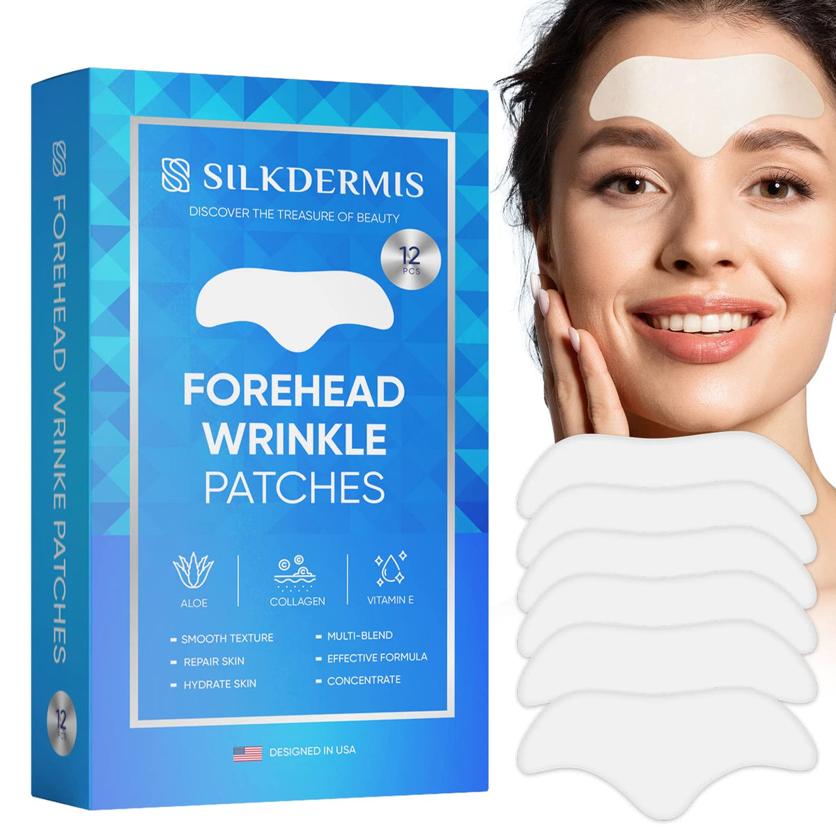 SILKDERMIS front packaging showing forehead patches and benefits