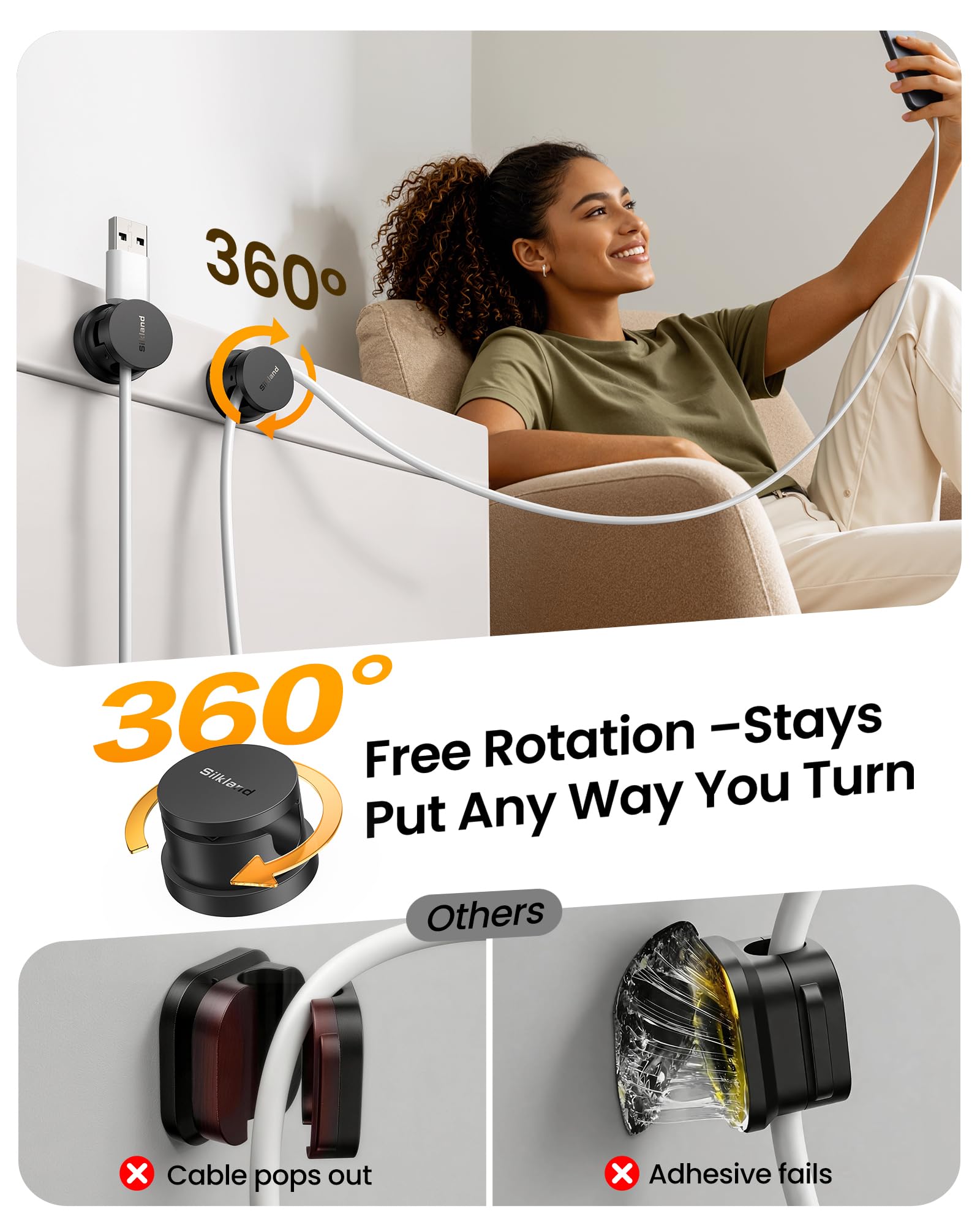 Silkland rotating clip with cable demonstrating 360-degree routing advantage