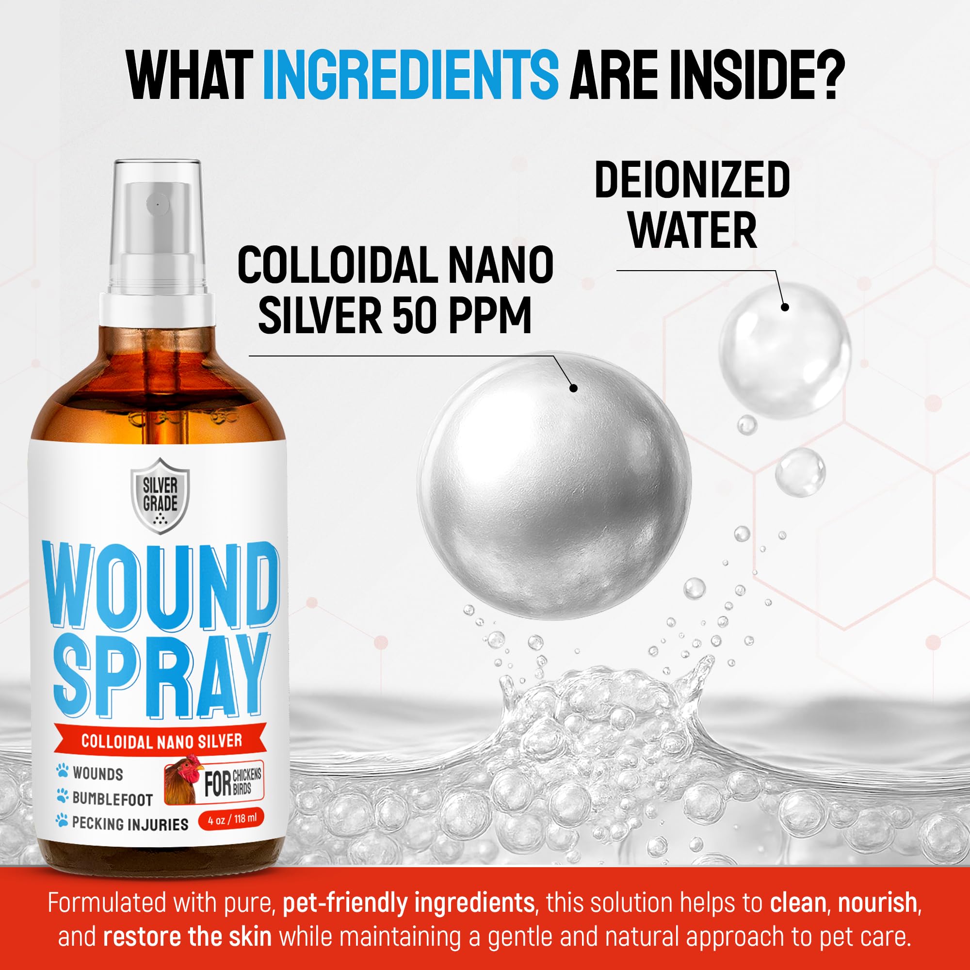 SILVER GRADE closeup of clear solution highlighting purity and simple formula