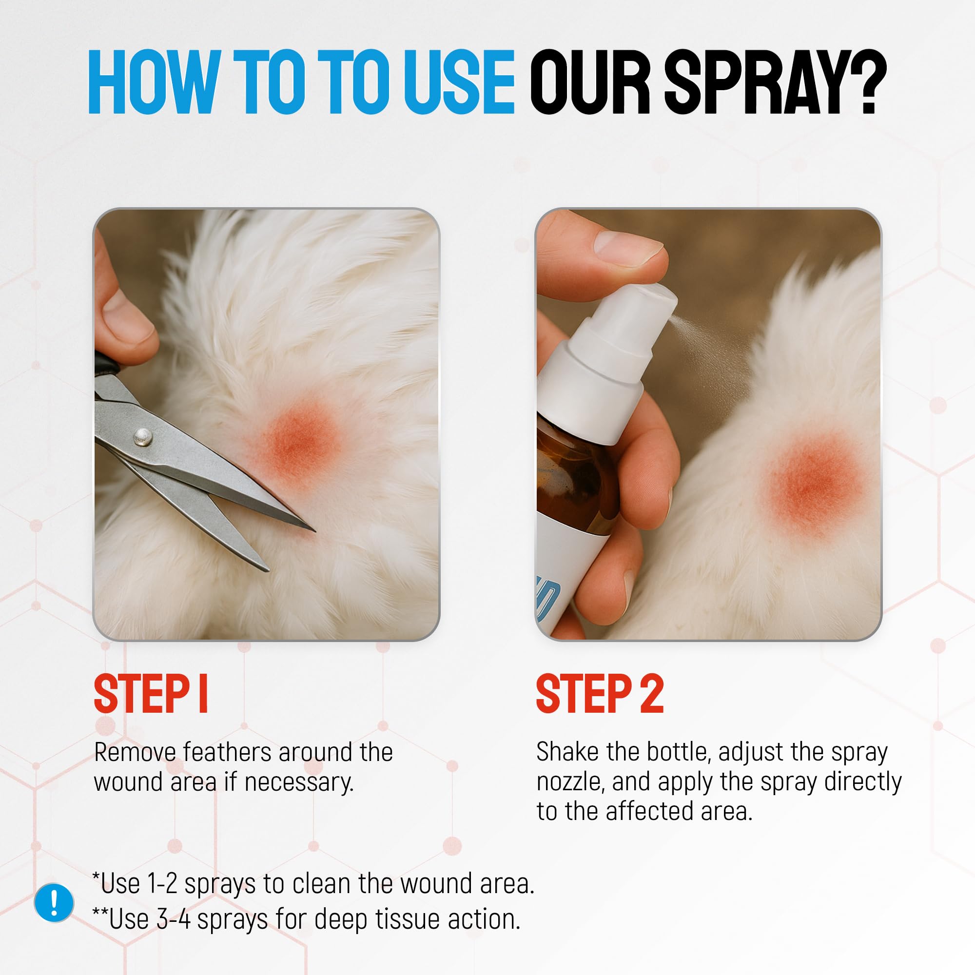 SILVER GRADE being sprayed on a chicken foot demonstrating wound care benefit