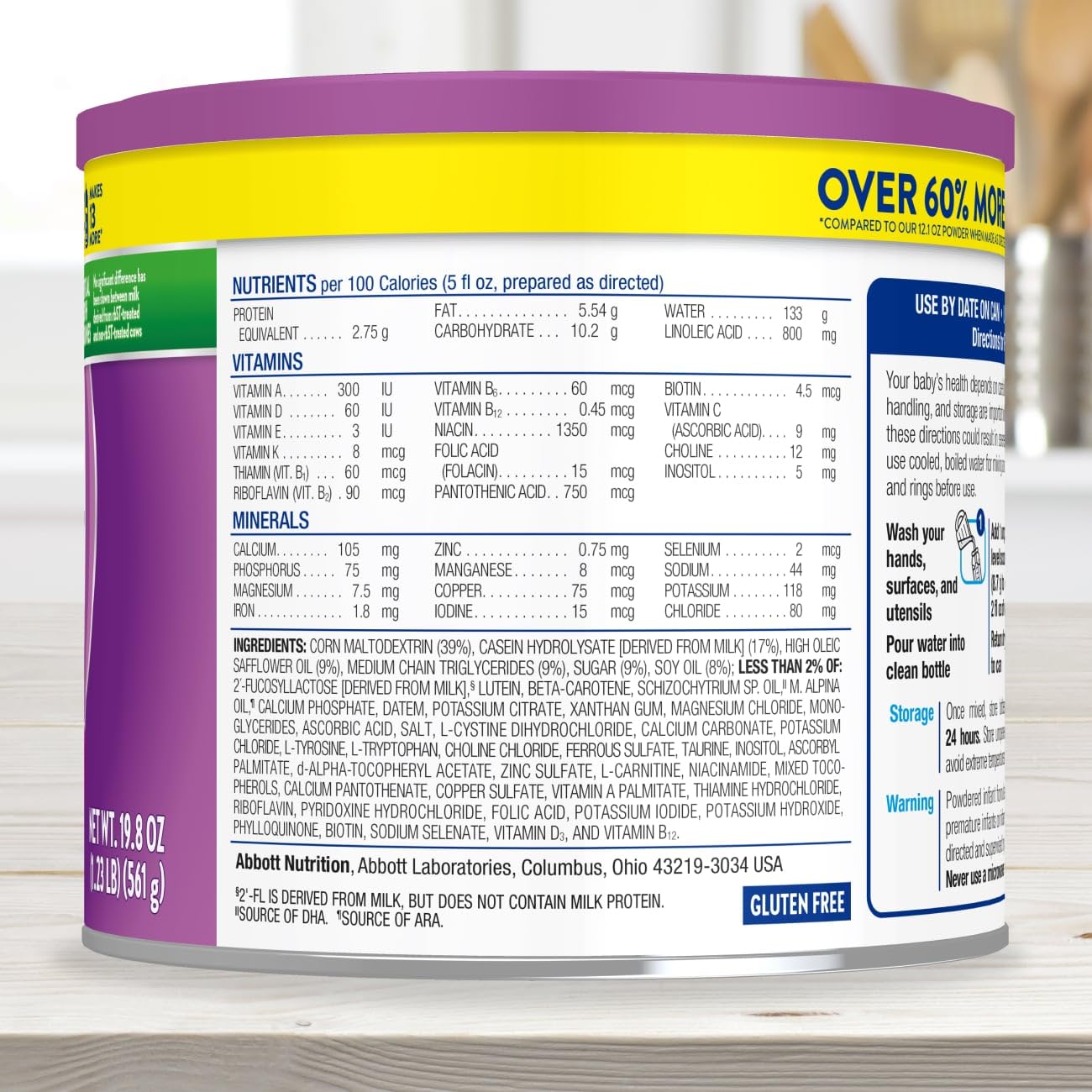 Similac Alimentum label close-up highlighting hypoallergenic and 2'-FL HMO benefits