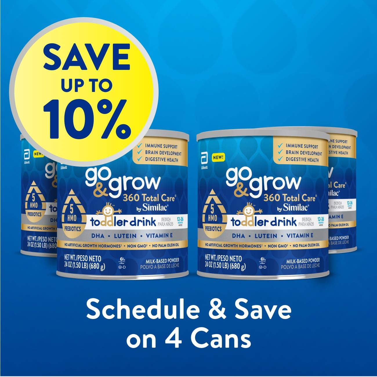 Similac Go & Grow 360 ingredients list close-up, displaying non-GMO and no rbST notes