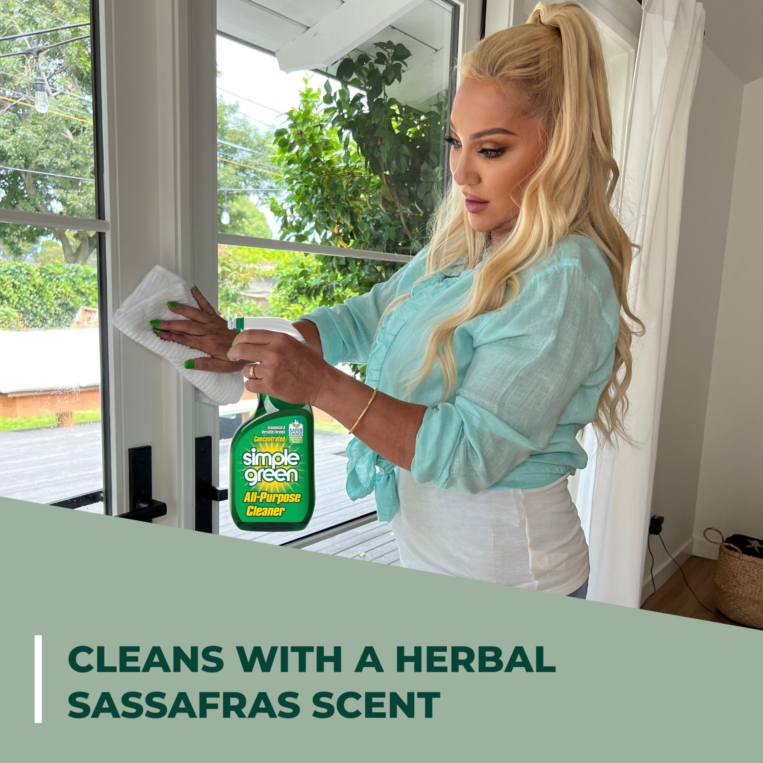Simple Green being sprayed on kitchen counter, brand removing grease and leaving a clean surface