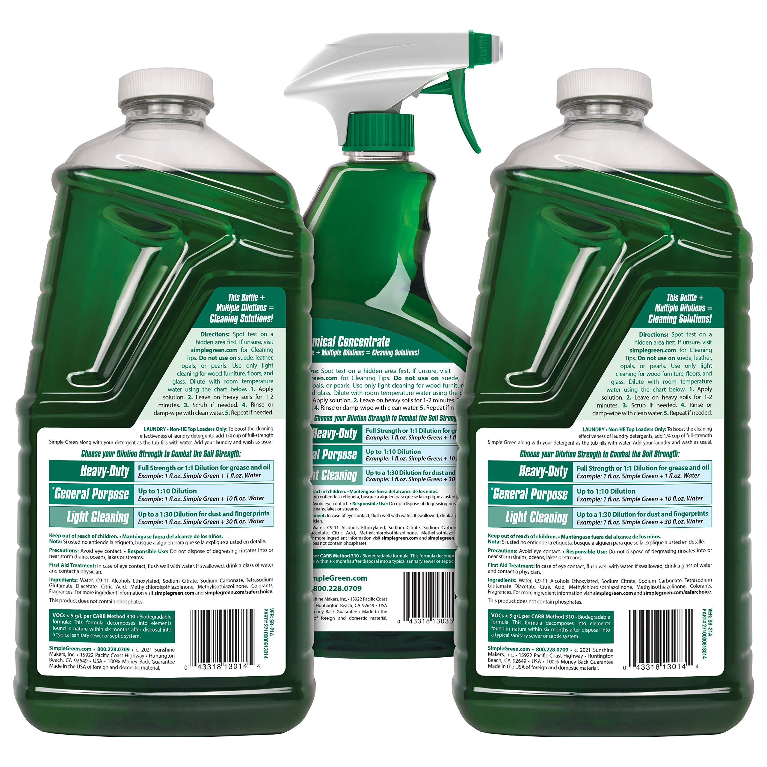 Simple Green concentrate bottle label closeup highlighting dilution instructions and benefits