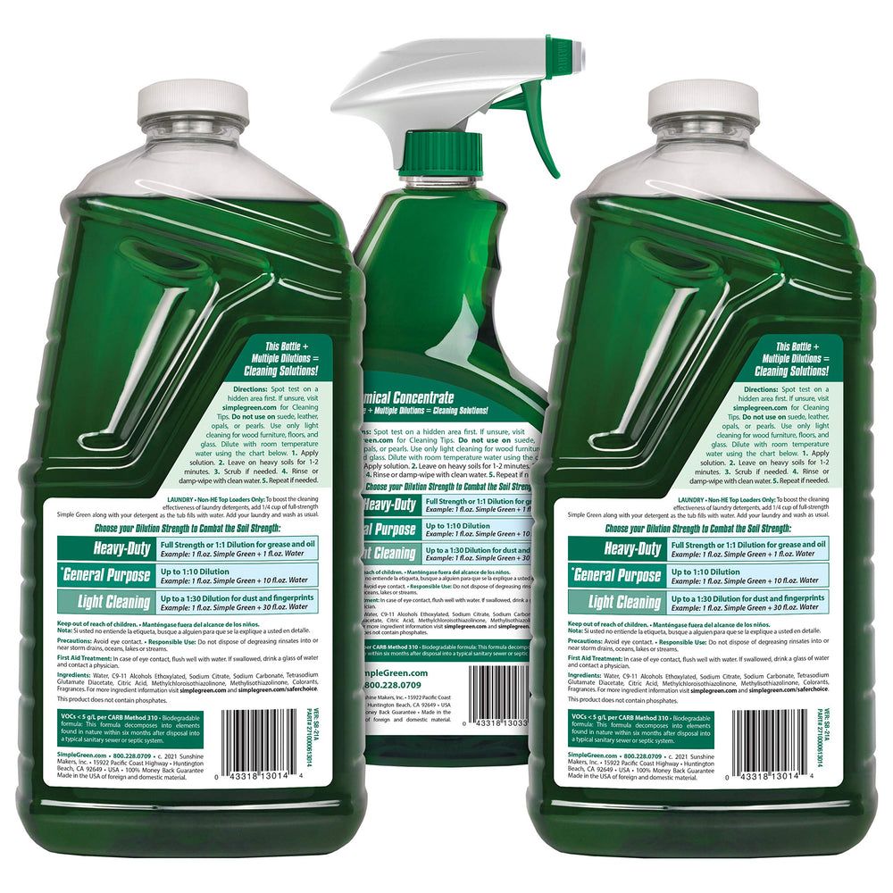 Simple Green concentrate bottle label closeup highlighting dilution instructions and benefits