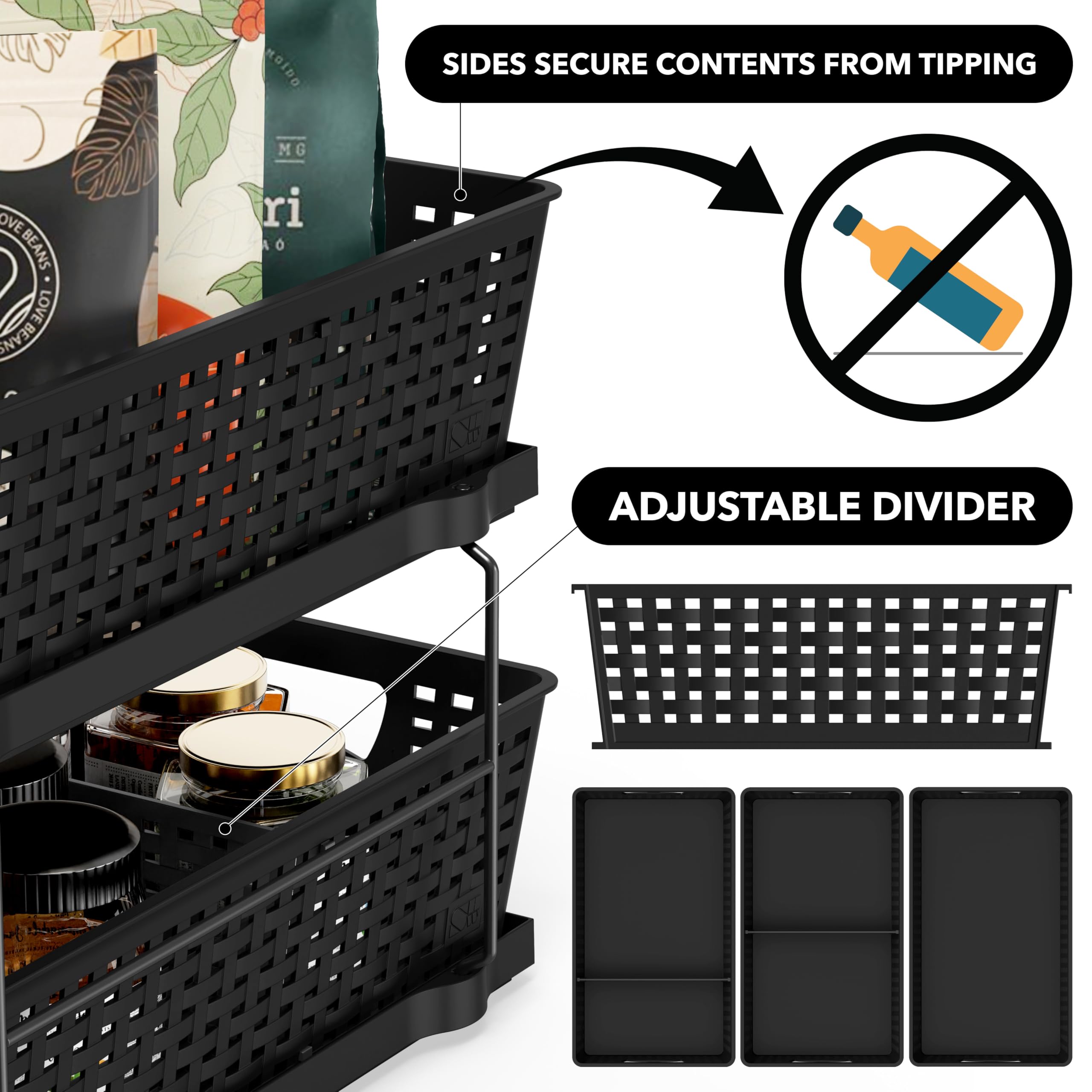 Simple Houseware lifted baskets demonstrating portability and simple refilling of toiletries