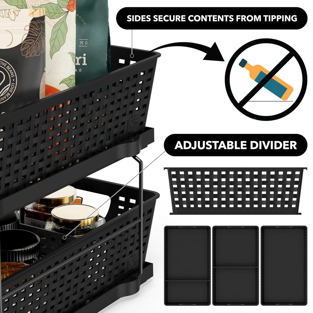 Simple Houseware lifted baskets demonstrating portability and simple refilling of toiletries