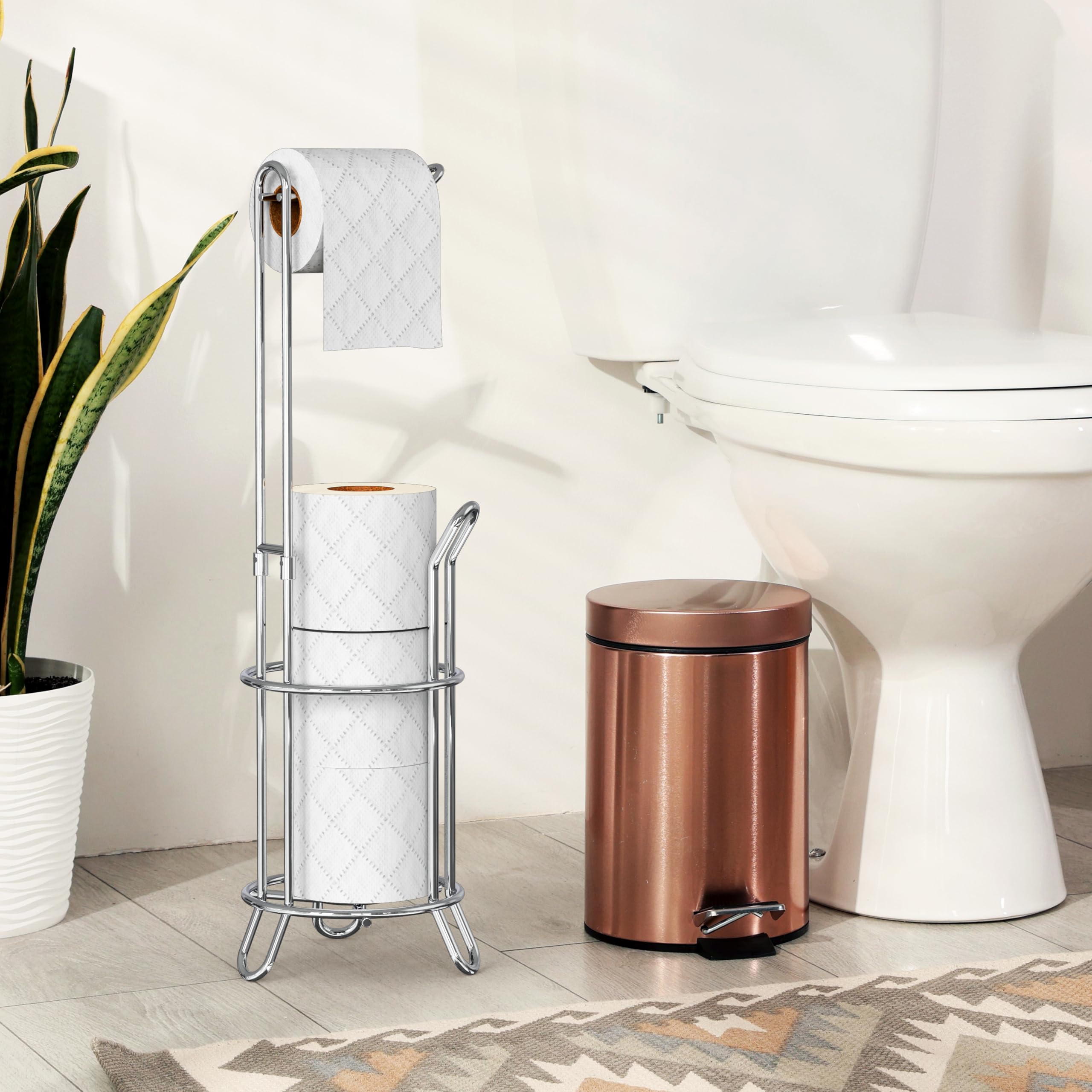 Simple Houseware next to toilet for scale showing compact footprint and storage advantage
