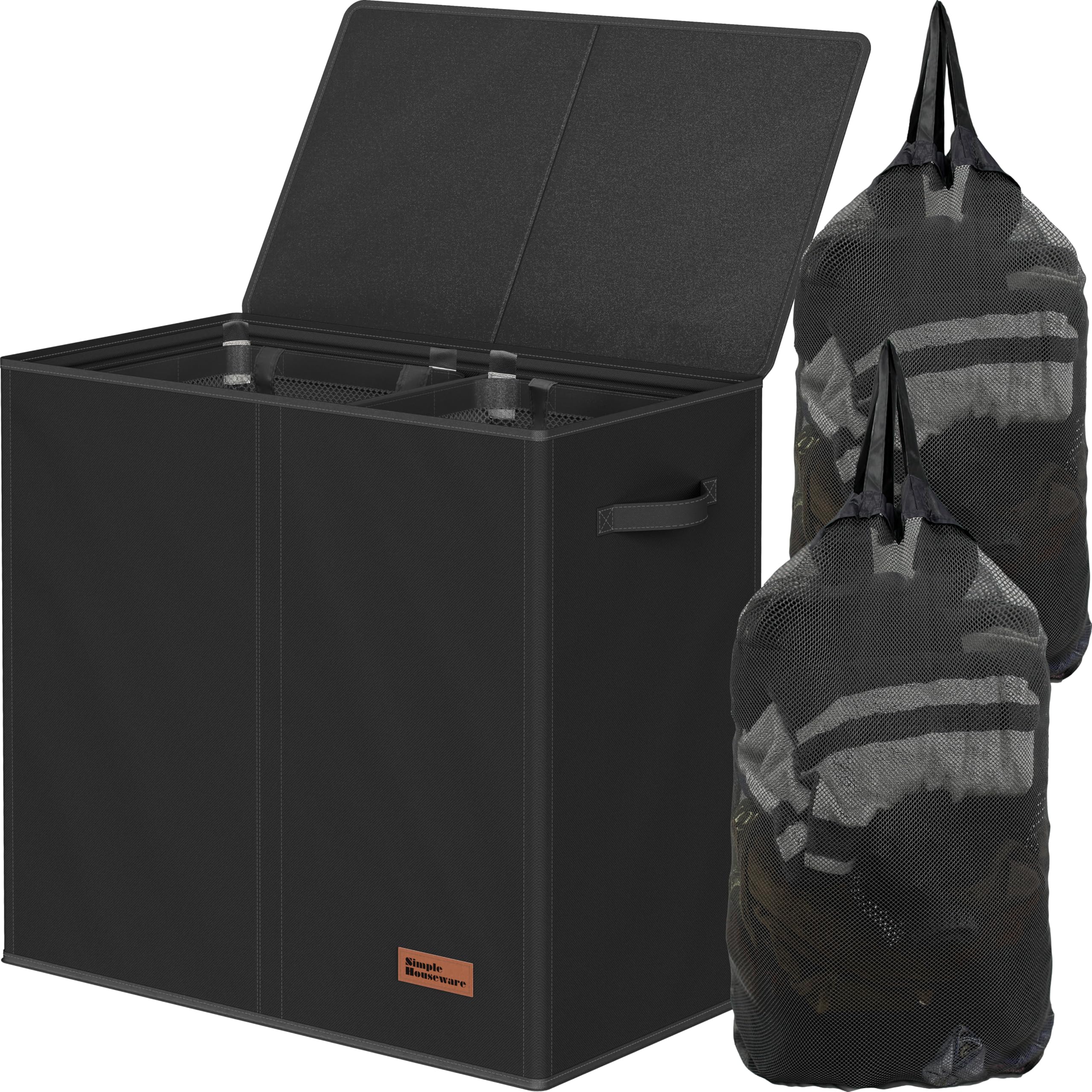Simple Houseware double hamper front view showing dual compartments and sleek black finish for organized laundry