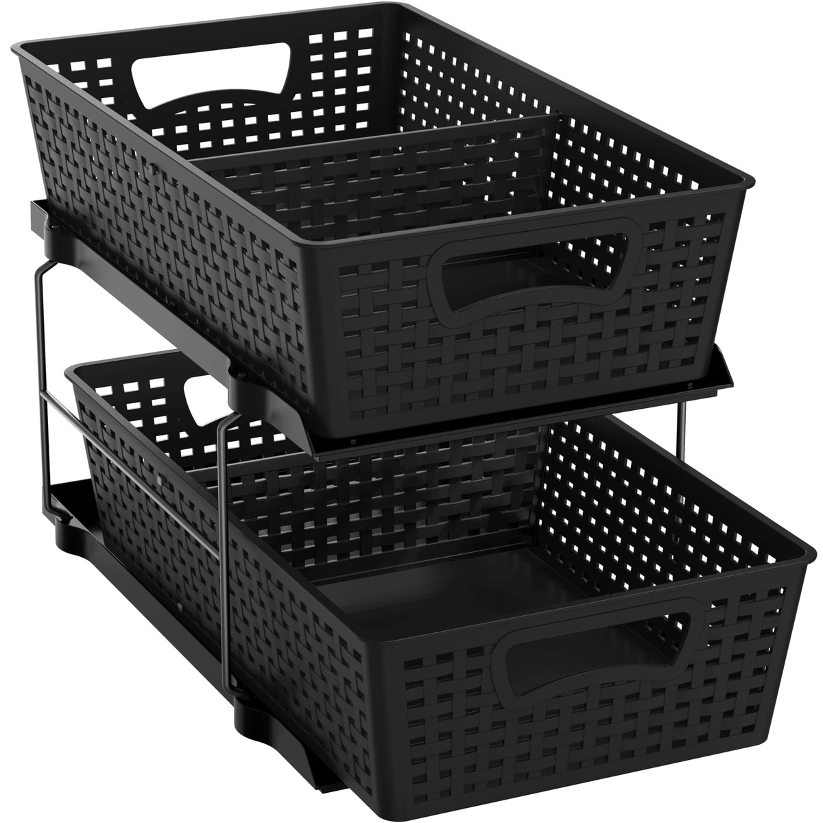 Simple Houseware front view of black two-tier under-sink organizer showing neat storage and quick access