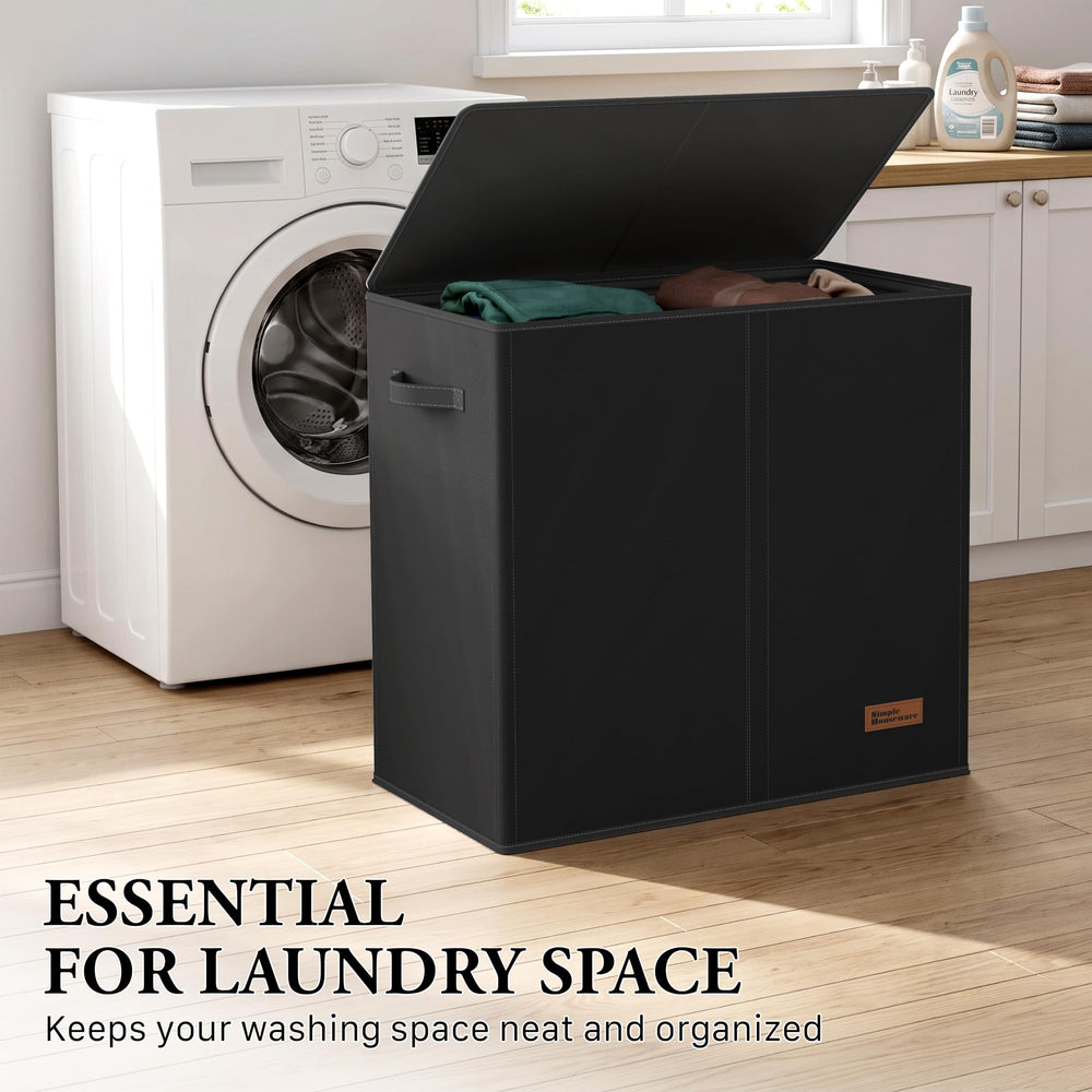 Simple Houseware hamper placed in a bathroom lifestyle scene showing compact fit and tidy storage benefit