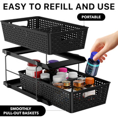 Simple Houseware pulled out drawer in cabinet illustrating easy reach and reduced bending for convenience