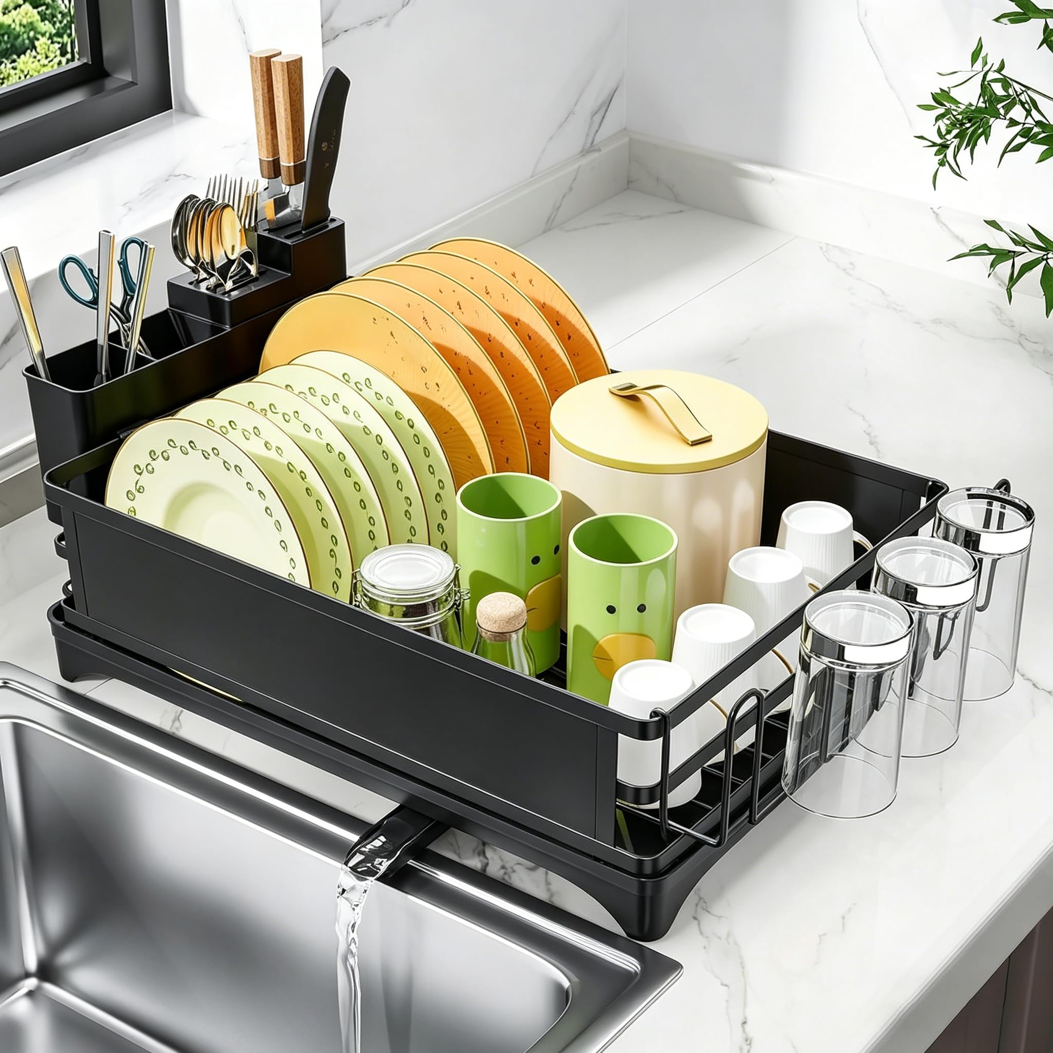 Simple Trending front view of black dish drying rack showing organized storage benefit