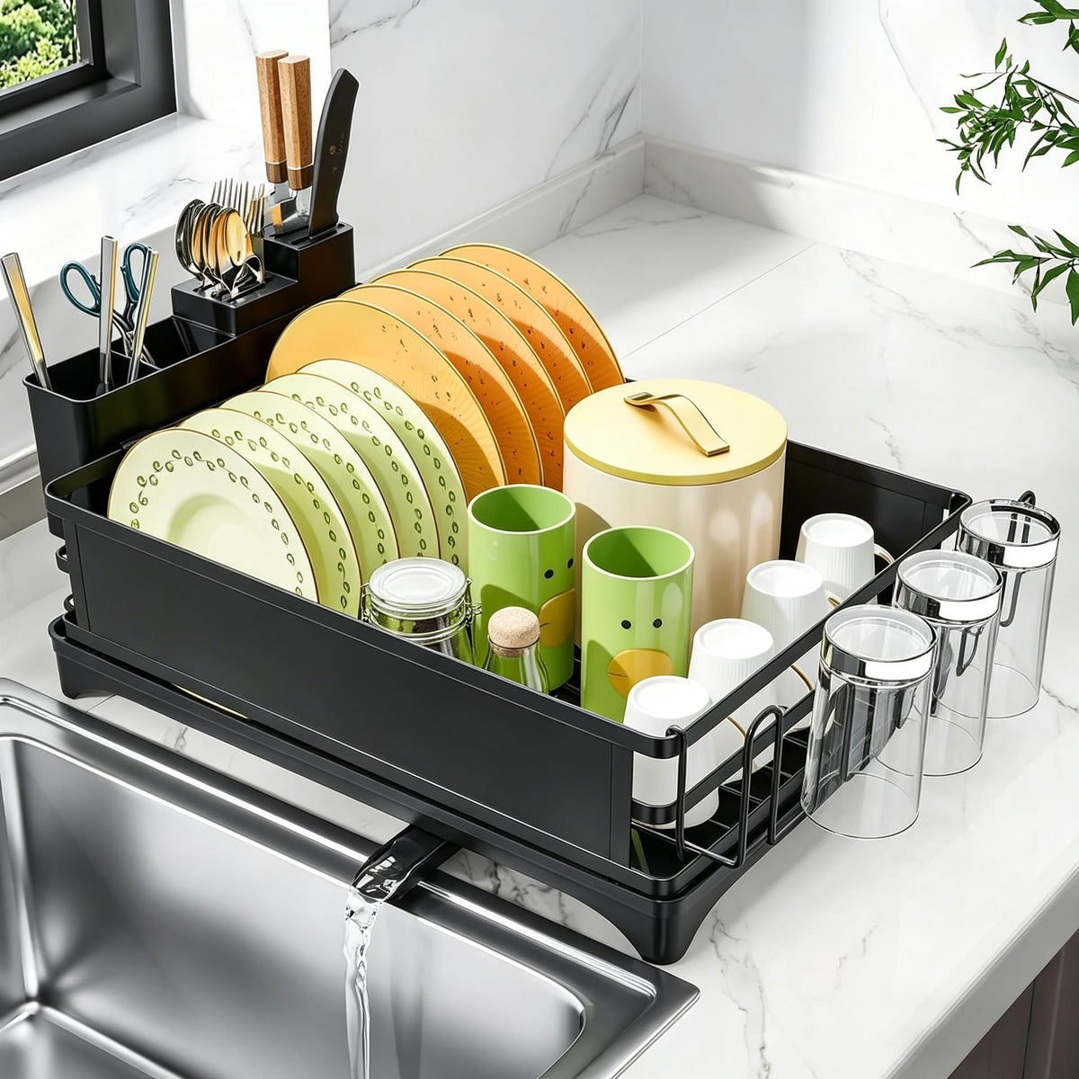 Simple Trending front view of black dish drying rack showing organized storage benefit