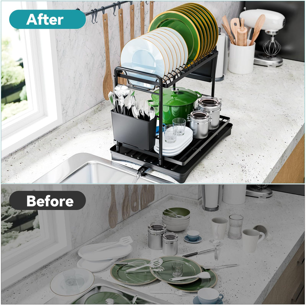 Simple Trending rack loaded with plates cups and pans demonstrating large capacity and stability