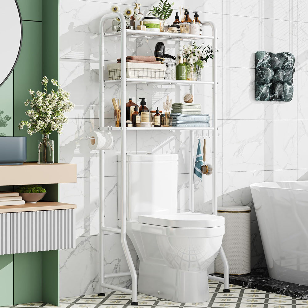 Simple Trending front view of white over-the-toilet rack showing organized shelves and neat storage benefit